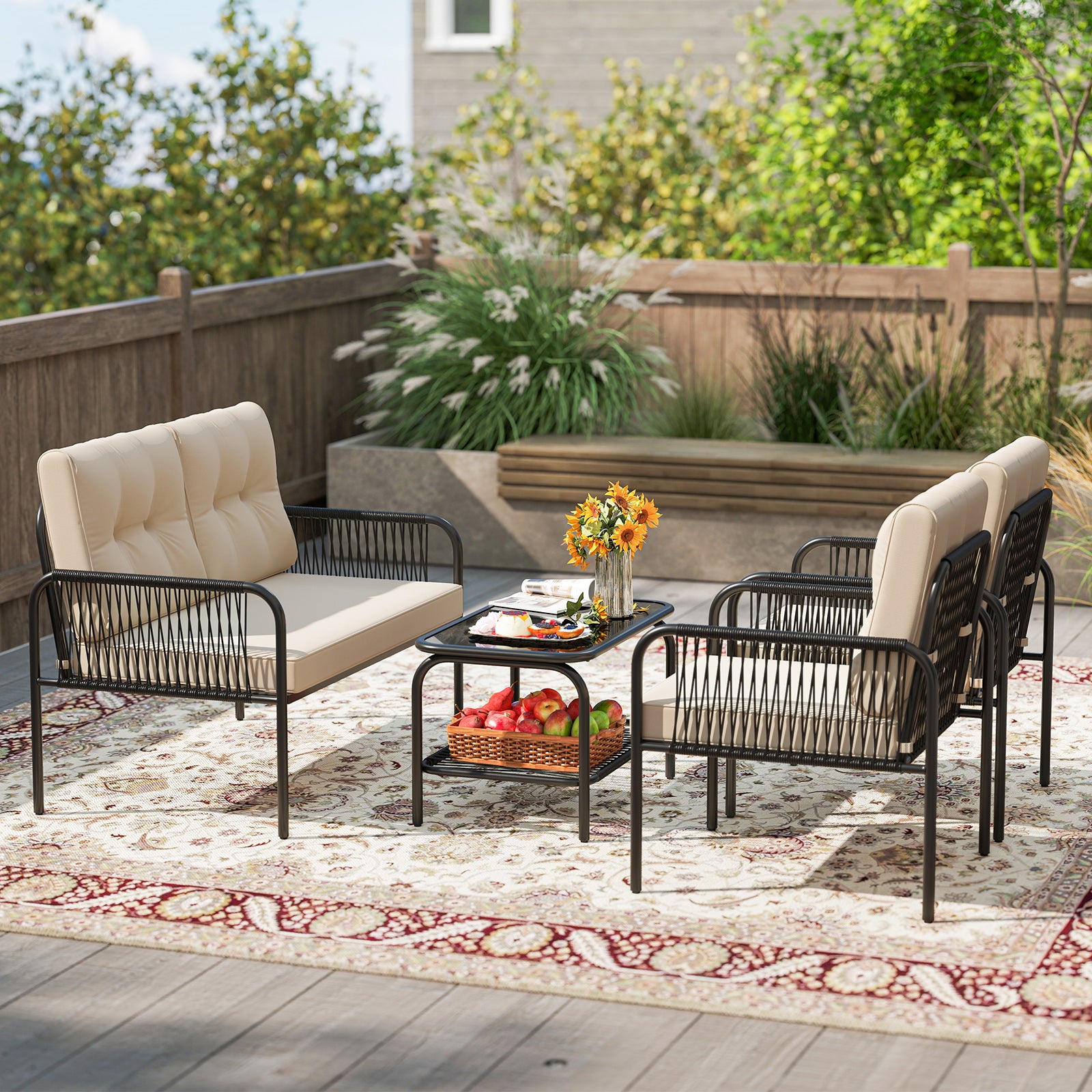 4 Piece Patio Furniture Set, PE Rattan Sofa With Loveseat, Beige Patio Conversation Sets at Gallery Canada