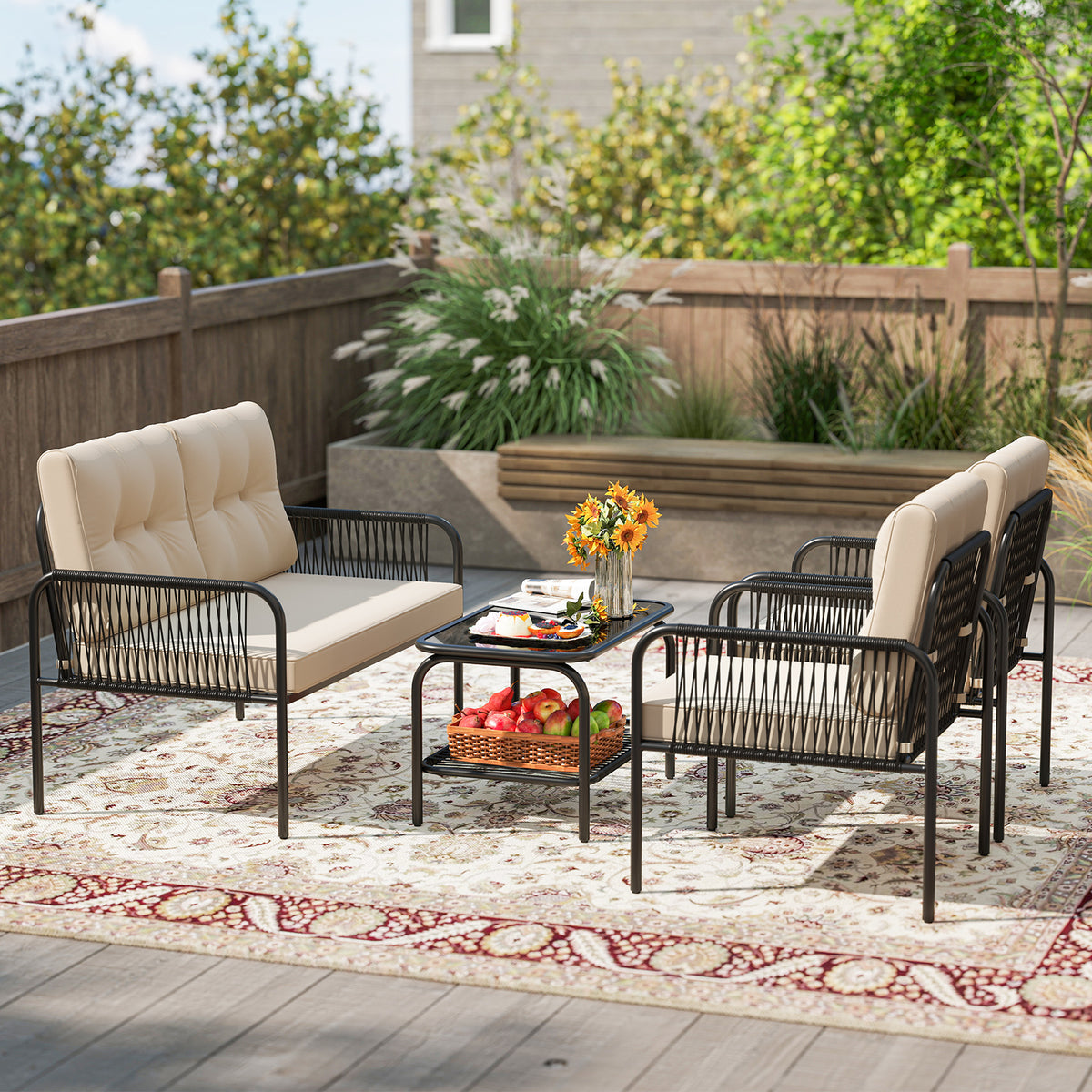 4 Piece Patio Furniture Set, PE Rattan Sofa With Loveseat, Beige Patio Conversation Sets at Gallery Canada