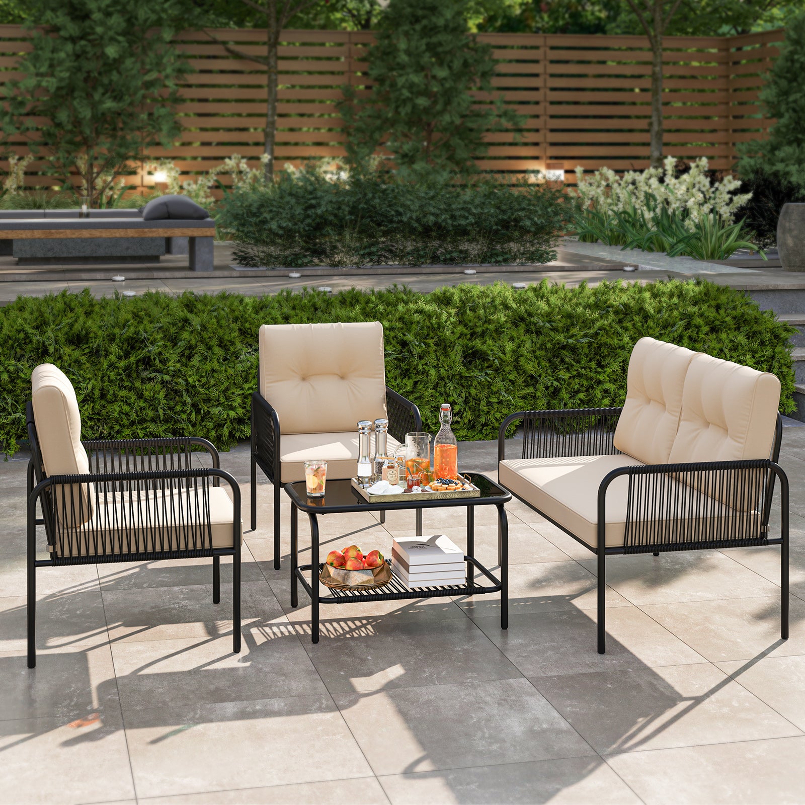 4 Piece Patio Furniture Set, PE Rattan Sofa With Loveseat, Beige Patio Conversation Sets at Gallery Canada