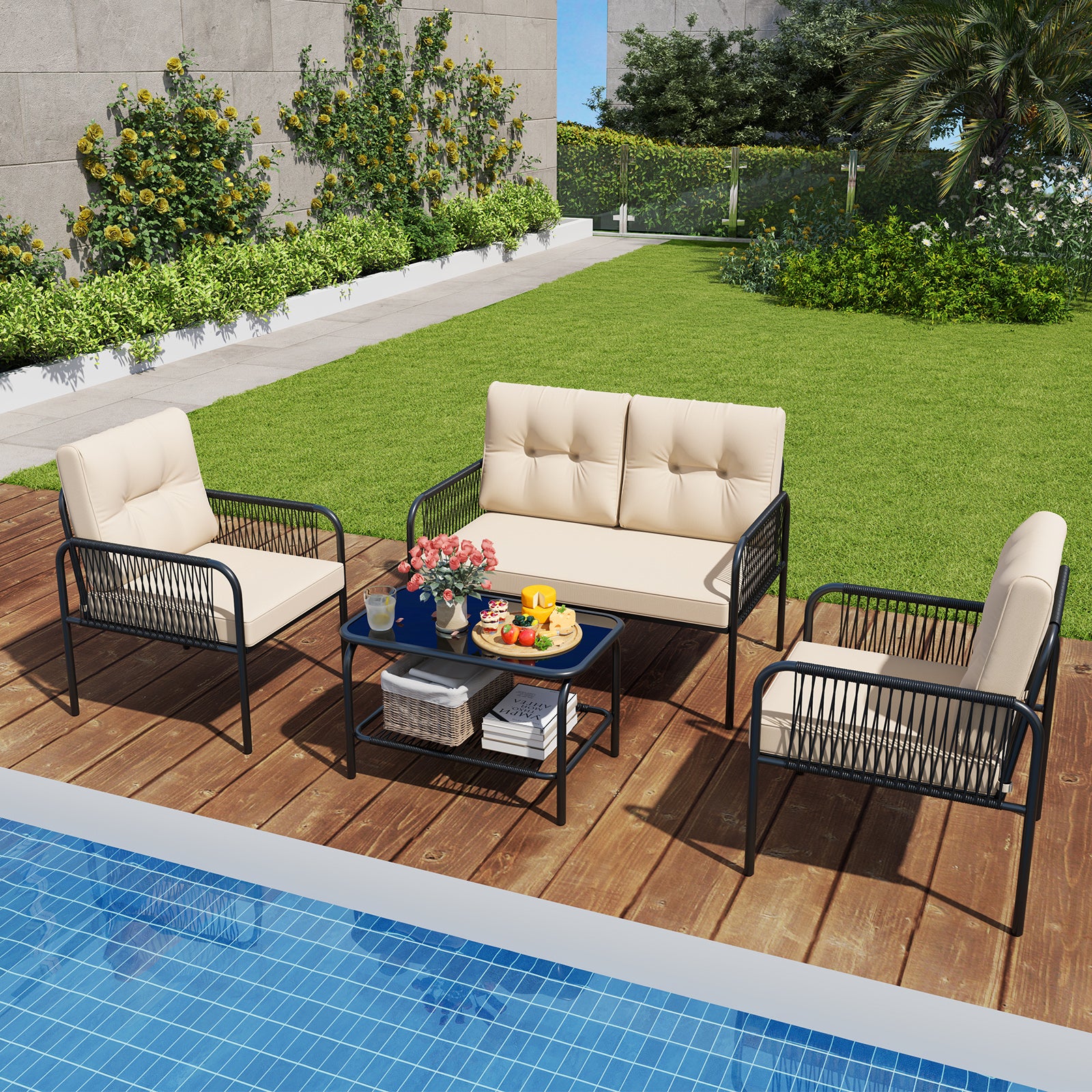 4 Piece Patio Furniture Set, PE Rattan Sofa With Loveseat, Beige Patio Conversation Sets at Gallery Canada