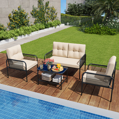 4 Piece Patio Furniture Set, PE Rattan Sofa With Loveseat, Beige Patio Conversation Sets at Gallery Canada