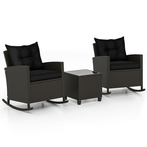 3-Piece Patio Rattan Rocker Chairs, Tempered Glass Table, Black