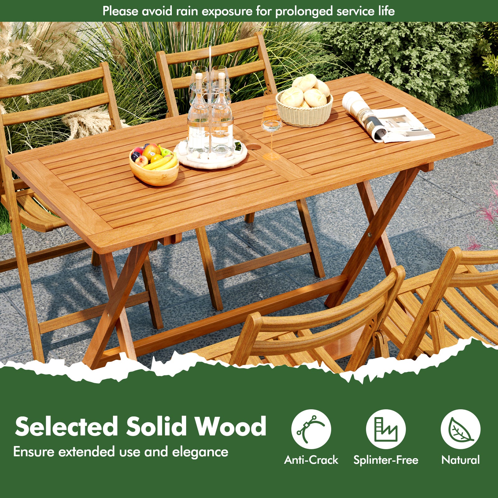 54.5 Inch x 27.5 Inch Patio Dining Table, Umbrella Hole, Teak Patio Dining Tables at Gallery Canada