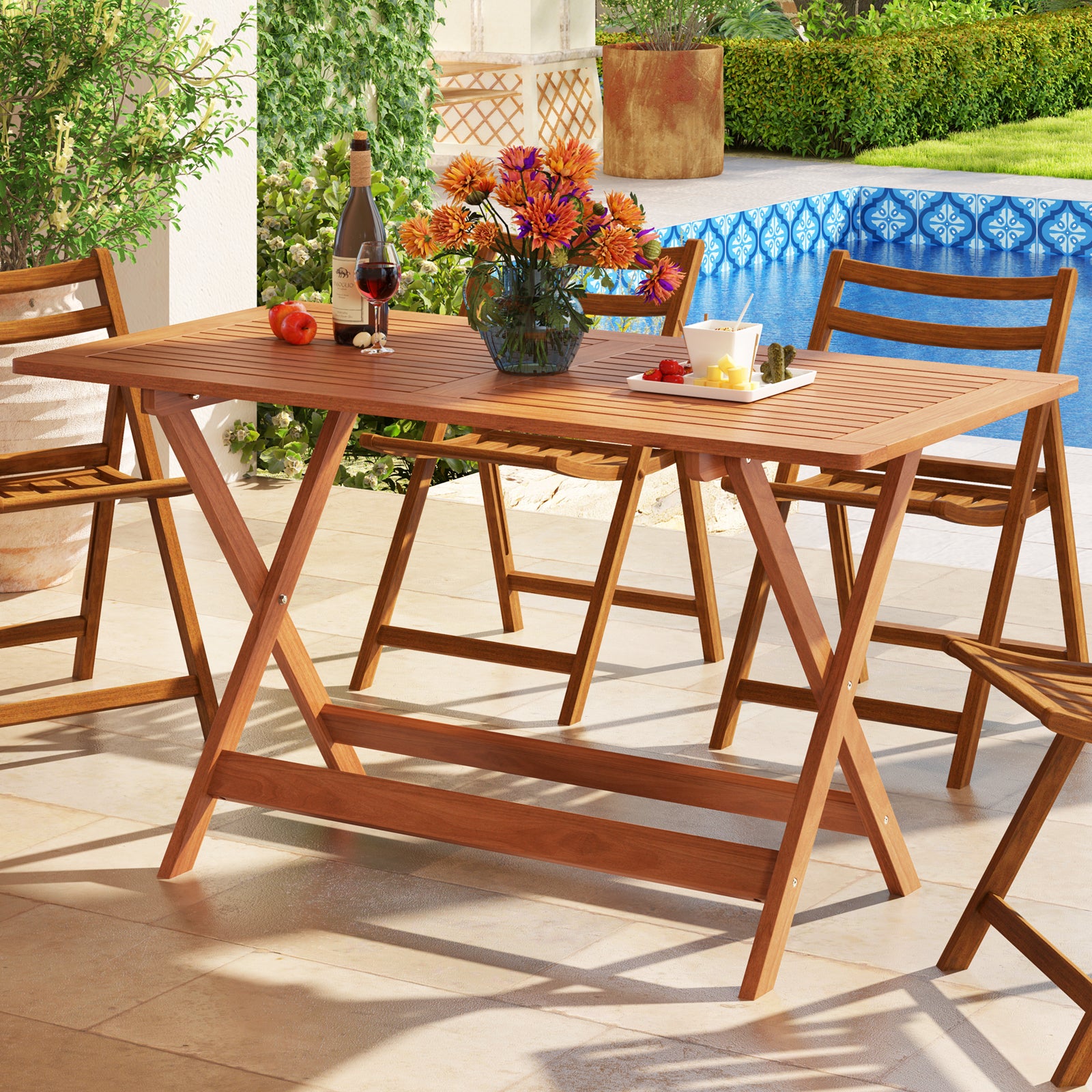 54.5 Inch x 27.5 Inch Patio Dining Table, Umbrella Hole, Teak Patio Dining Tables at Gallery Canada