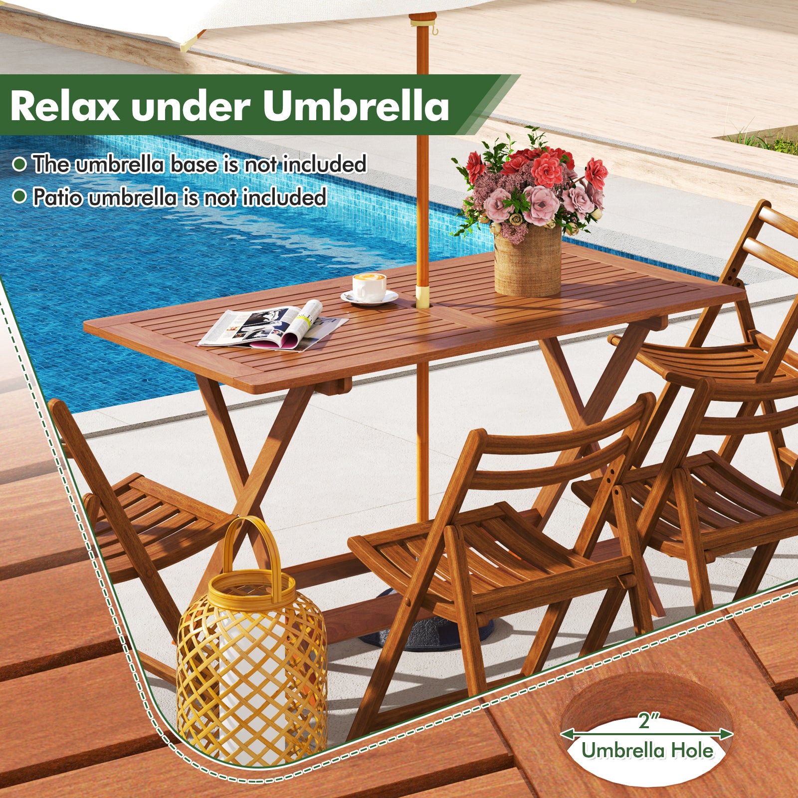 54.5 Inch x 27.5 Inch Patio Dining Table, Umbrella Hole, Teak Patio Dining Tables at Gallery Canada