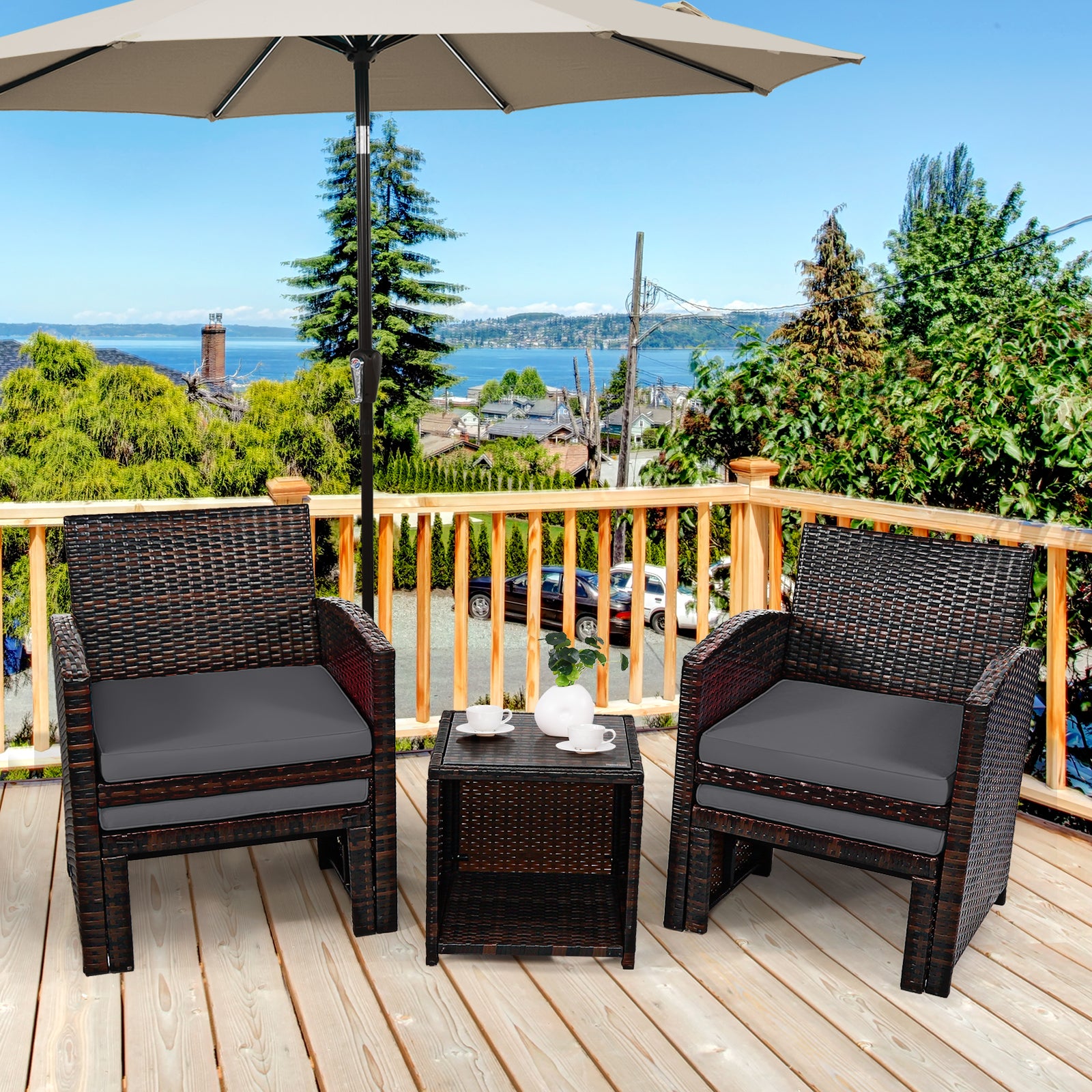 5-Piece Patio Rattan Furniture Set, Ottoman, Tempered Glass Coffee Table, Gray Outdoor Seating & Patio Chairs at Gallery Canada