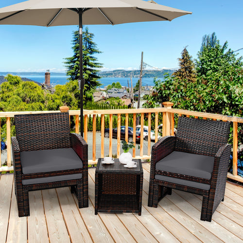 5-Piece Patio Rattan Furniture Set, Ottoman, Tempered Glass Coffee Table, Gray