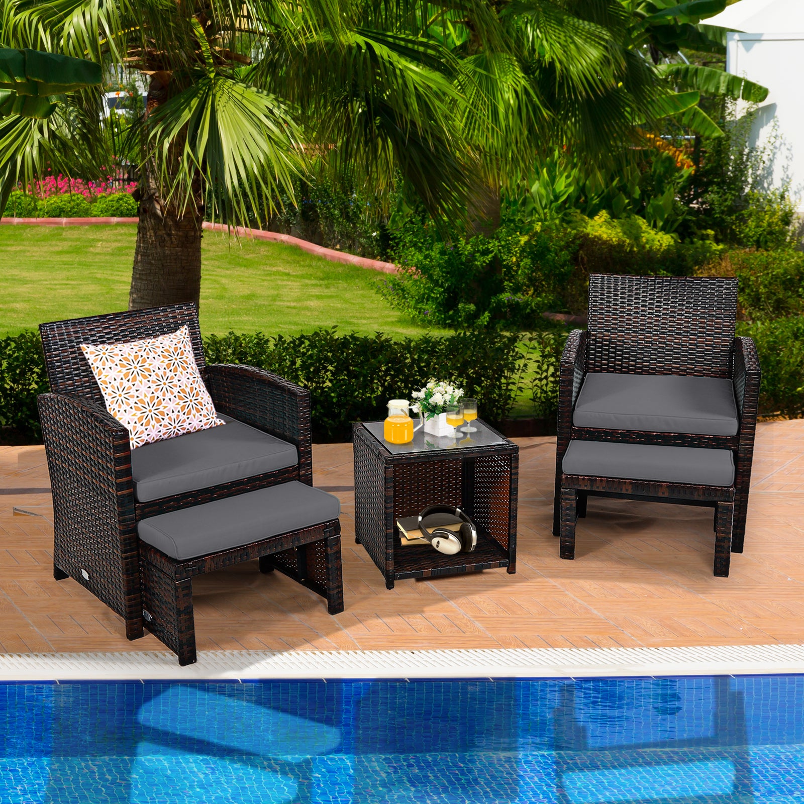 5-Piece Patio Rattan Furniture Set, Ottoman, Tempered Glass Coffee Table, Gray Outdoor Seating & Patio Chairs at Gallery Canada