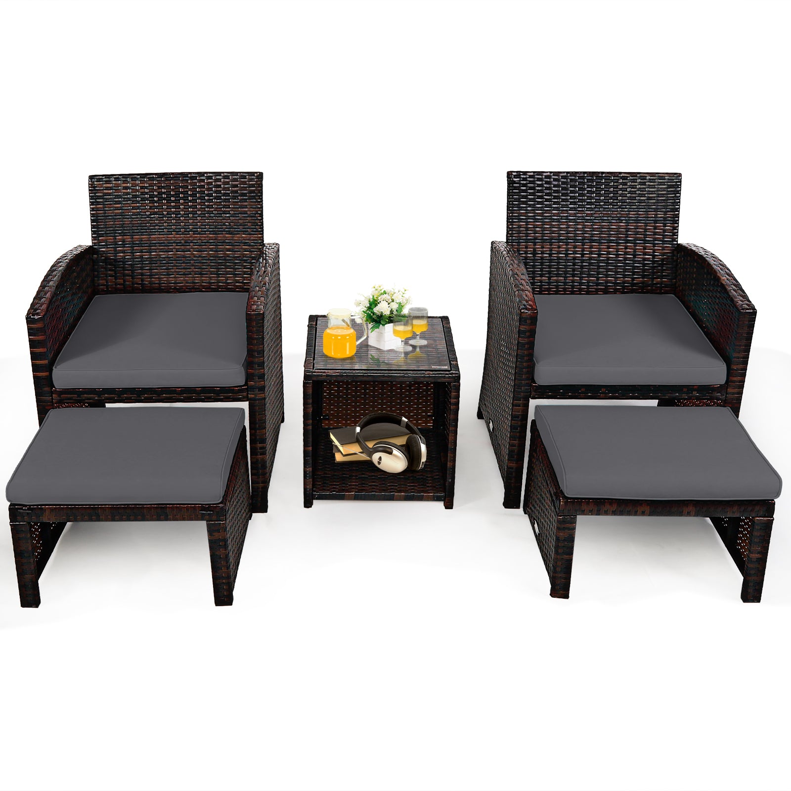 5-Piece Patio Rattan Furniture Set, Ottoman, Tempered Glass Coffee Table, Gray Outdoor Seating & Patio Chairs at Gallery Canada