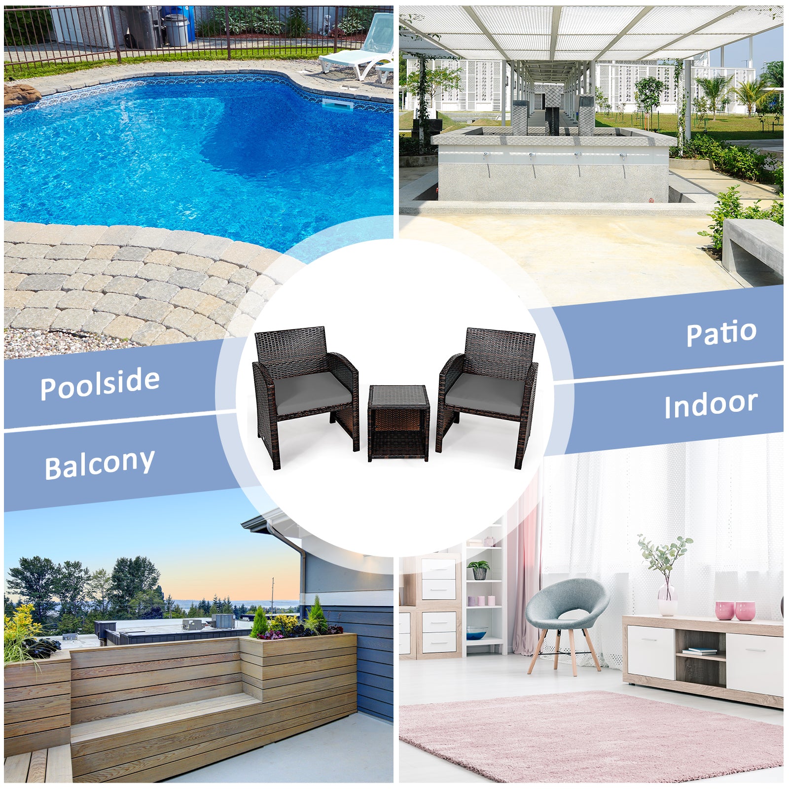 5-Piece Patio Rattan Furniture Set, Ottoman, Tempered Glass Coffee Table, Gray Outdoor Seating & Patio Chairs at Gallery Canada