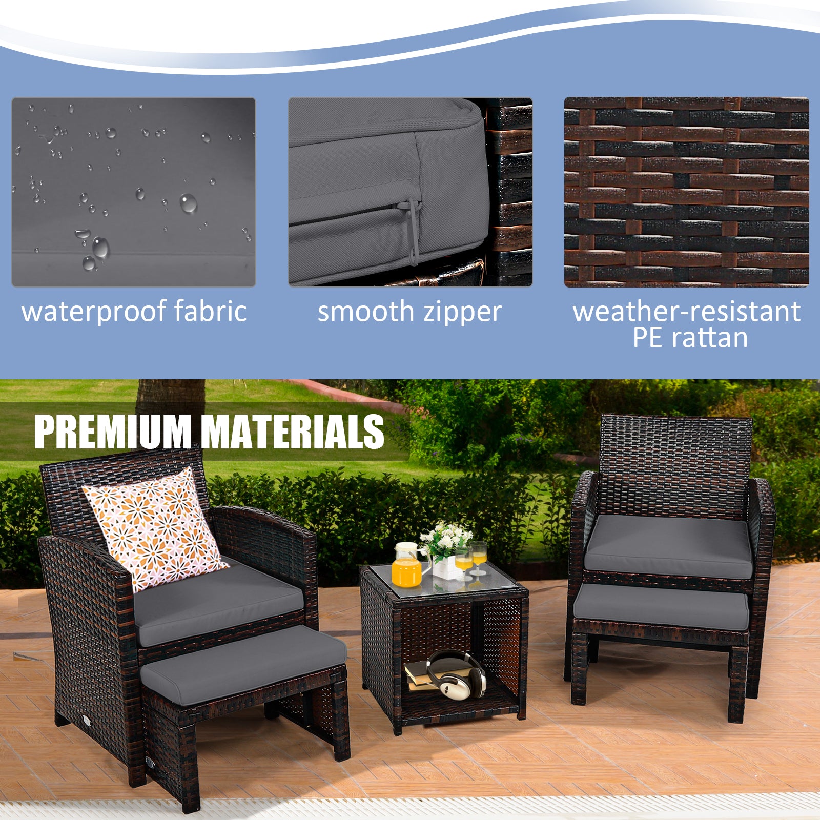 5-Piece Patio Rattan Furniture Set, Ottoman, Tempered Glass Coffee Table, Gray Outdoor Seating & Patio Chairs at Gallery Canada