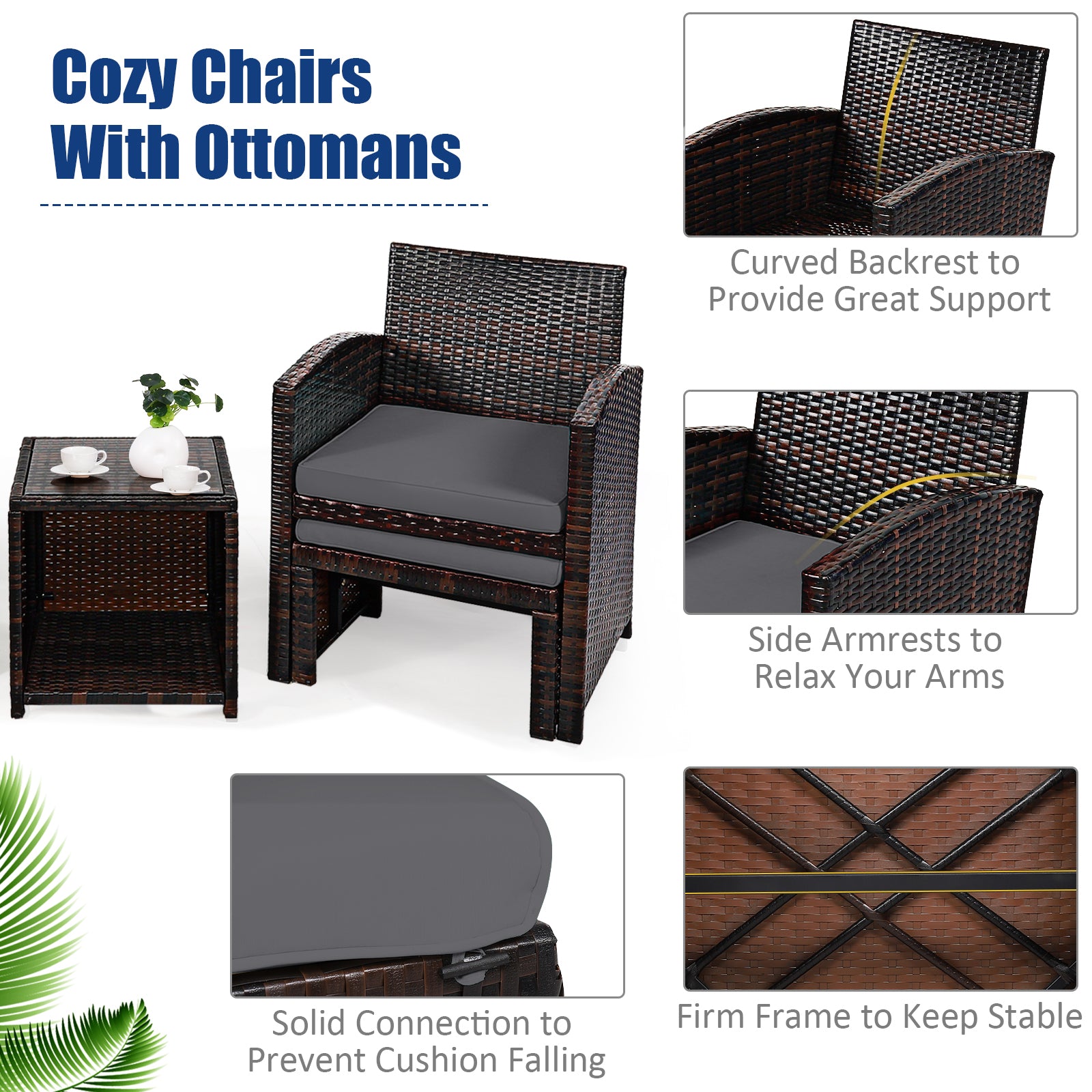 5-Piece Patio Rattan Furniture Set, Ottoman, Tempered Glass Coffee Table, Gray Outdoor Seating & Patio Chairs at Gallery Canada