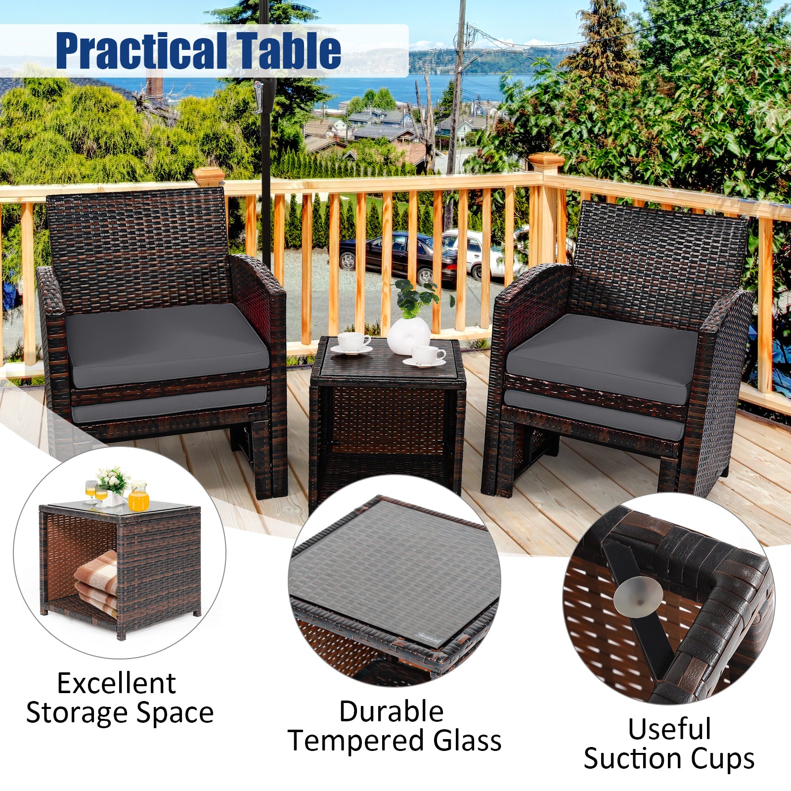5-Piece Patio Rattan Furniture Set, Ottoman, Tempered Glass Coffee Table, Gray Outdoor Seating & Patio Chairs at Gallery Canada