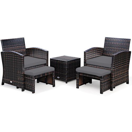 5-Piece Patio Rattan Furniture Set, Ottoman, Tempered Glass Coffee Table, Gray