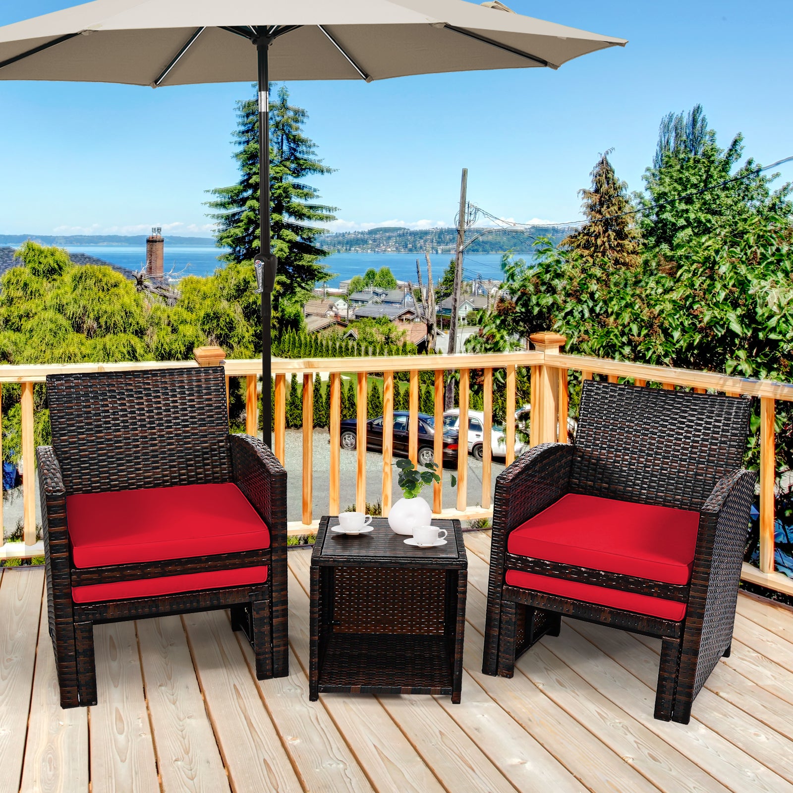 5-Piece Patio Rattan Set, Ottoman, Tempered Glass Table, Red Outdoor Seating & Patio Chairs at Gallery Canada