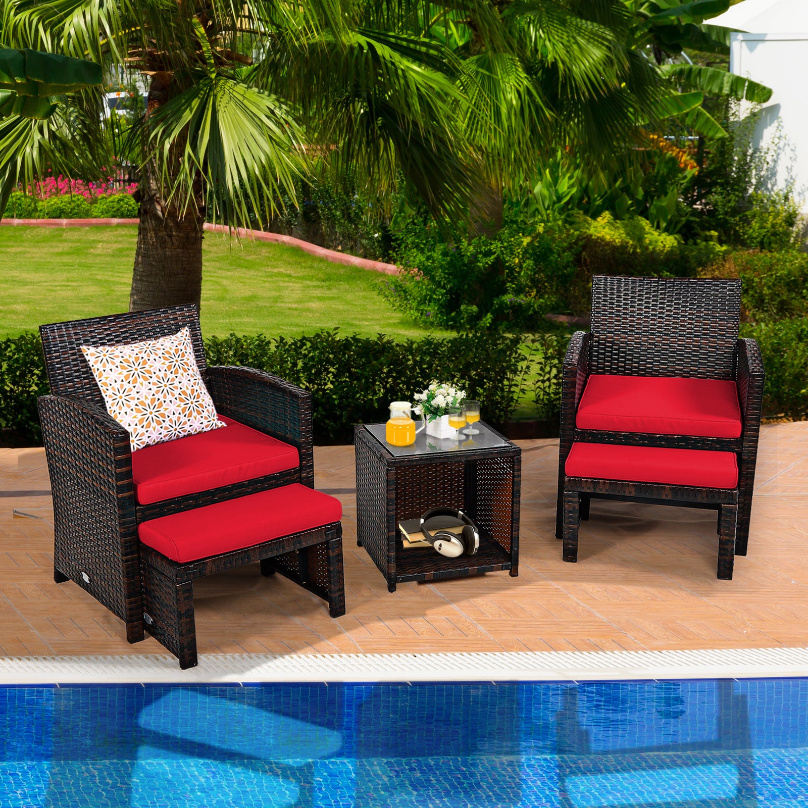 5-Piece Patio Rattan Set, Ottoman, Tempered Glass Table, Red Outdoor Seating & Patio Chairs at Gallery Canada