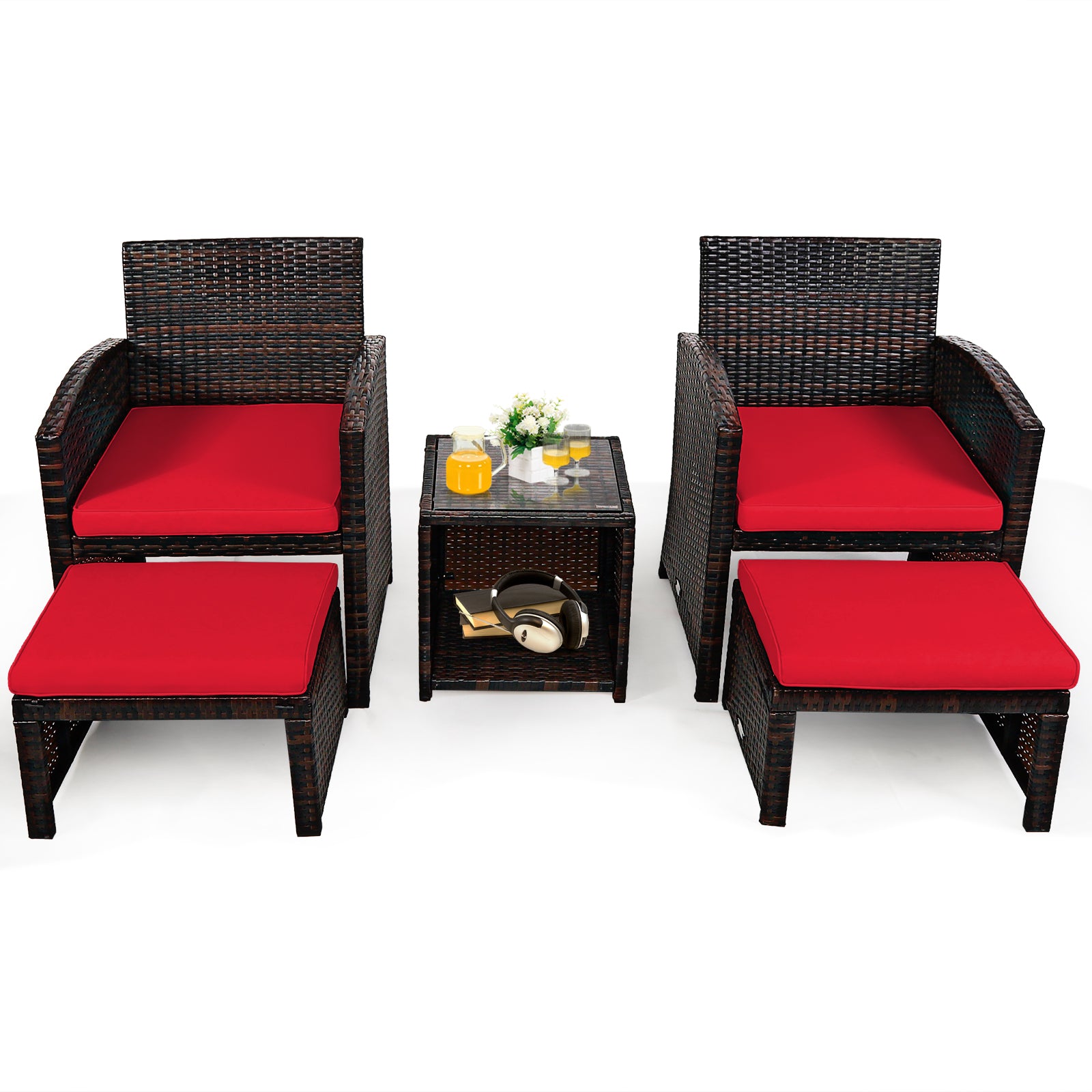 5-Piece Patio Rattan Set, Ottoman, Tempered Glass Table, Red Outdoor Seating & Patio Chairs at Gallery Canada