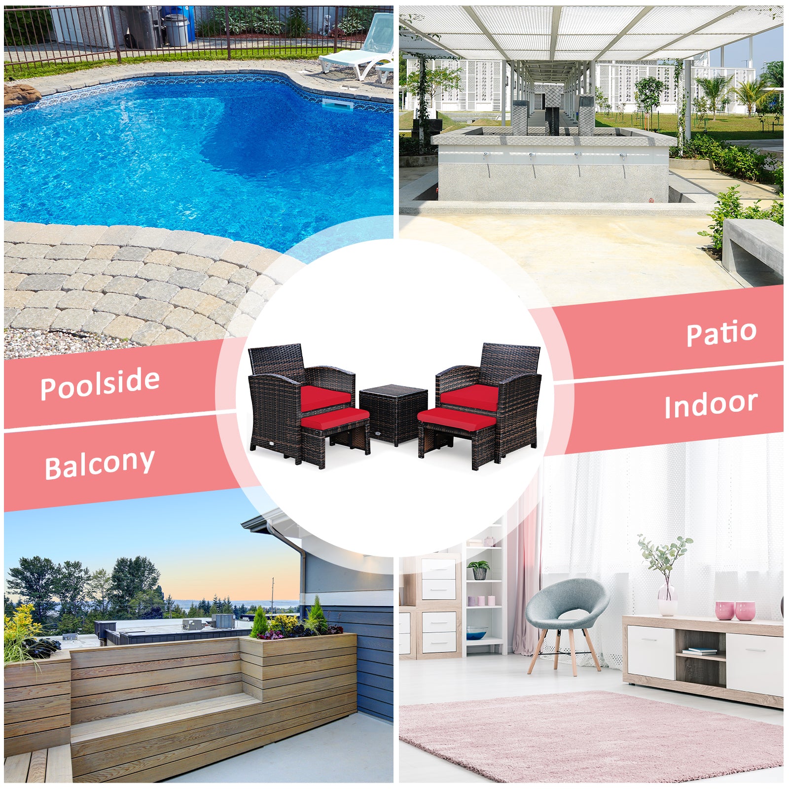 5-Piece Patio Rattan Set, Ottoman, Tempered Glass Table, Red Outdoor Seating & Patio Chairs at Gallery Canada