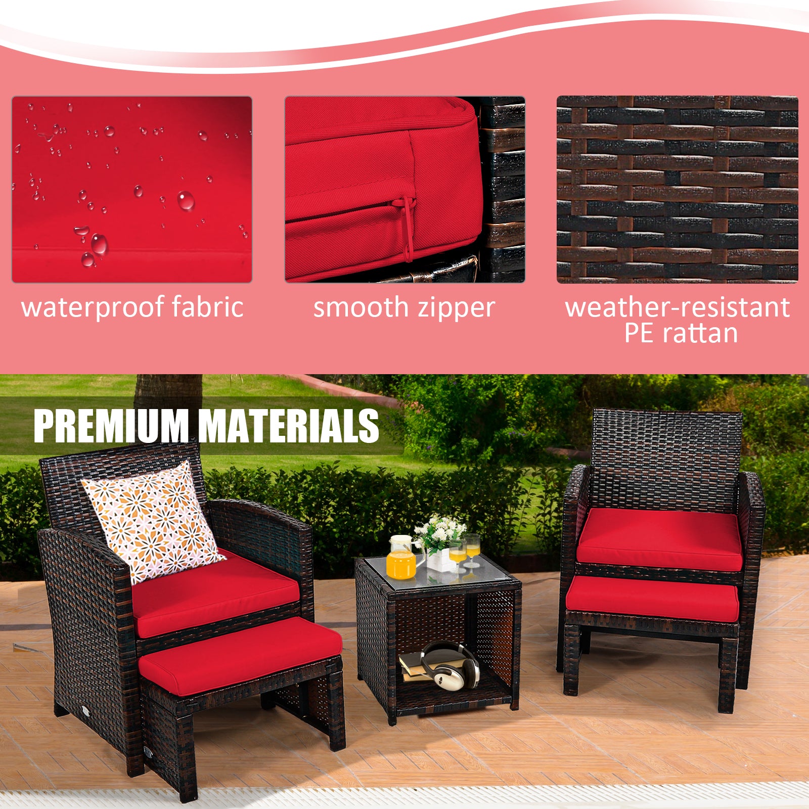 5-Piece Patio Rattan Set, Ottoman, Tempered Glass Table, Red Outdoor Seating & Patio Chairs at Gallery Canada