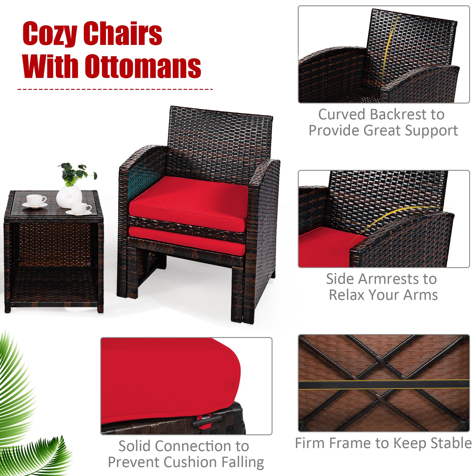 5-Piece Patio Rattan Set, Ottoman, Tempered Glass Table, Red Outdoor Seating & Patio Chairs at Gallery Canada