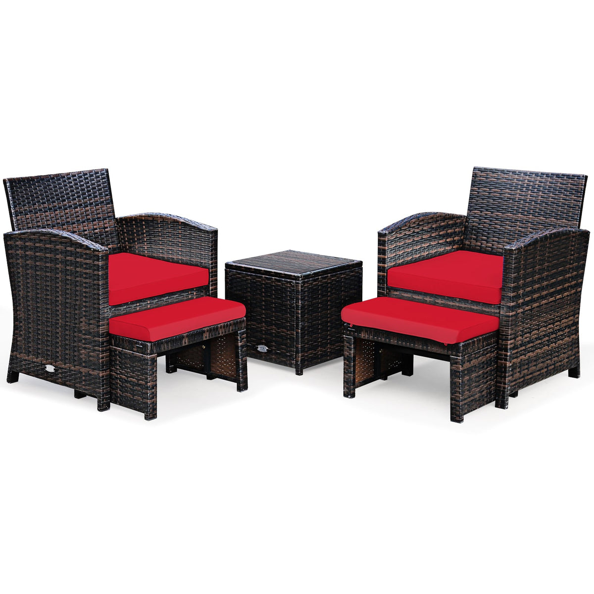 5-Piece Patio Rattan Set, Ottoman, Tempered Glass Table, Red Outdoor Seating & Patio Chairs at Gallery Canada