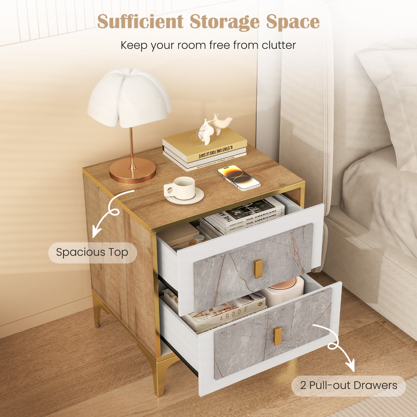 Nightstand With 2 Pull-Out Drawers, Natural Nightstands at Gallery Canada