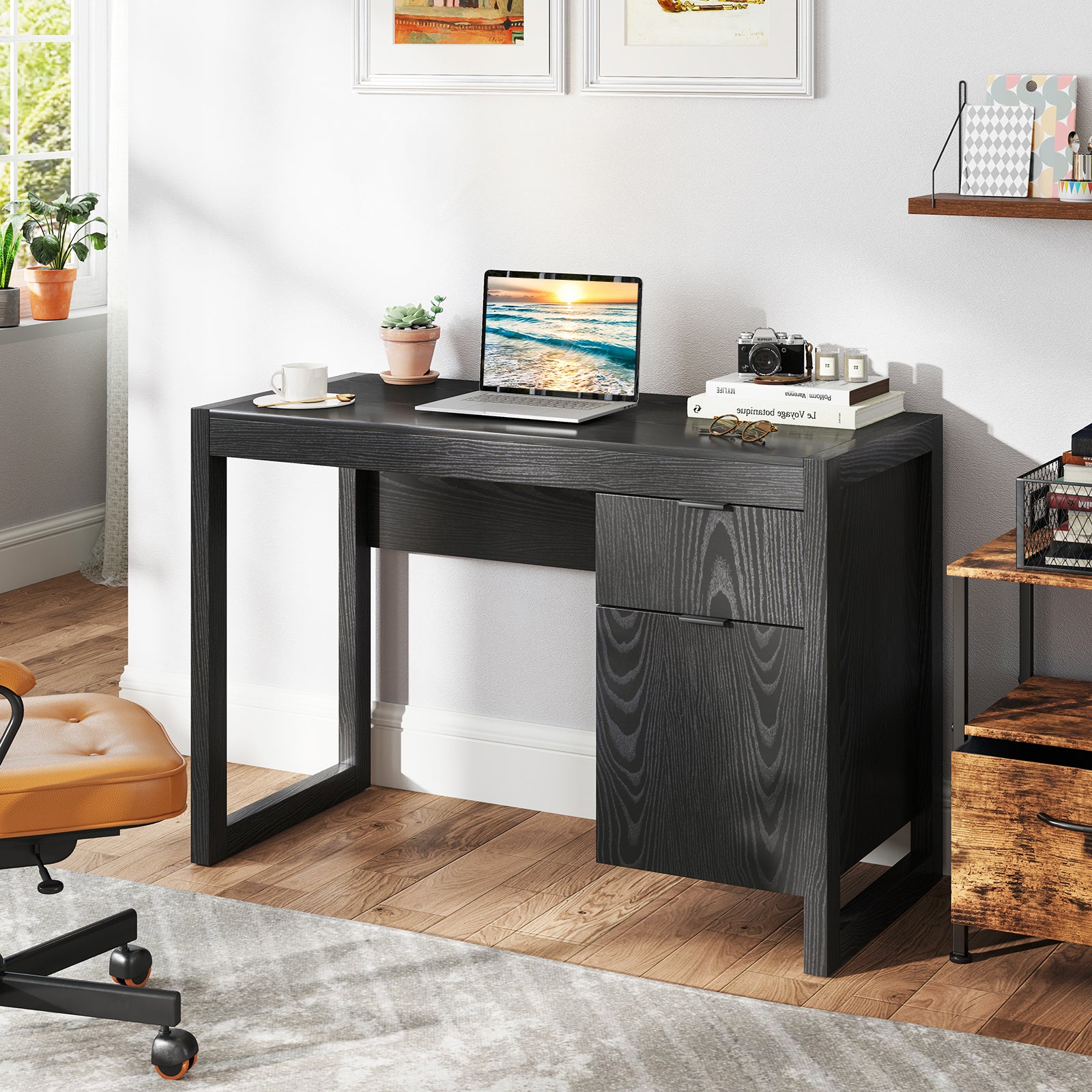 Modern Computer Desk With Cabinet And Drawer, Black Writing Desks at Gallery Canada