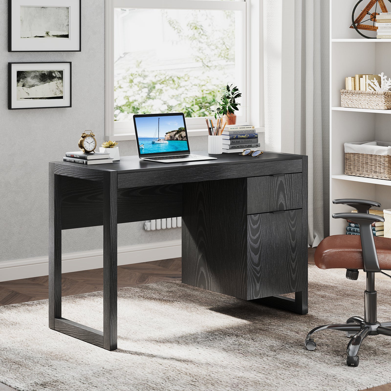 Modern Computer Desk With Cabinet And Drawer, Black Writing Desks at Gallery Canada