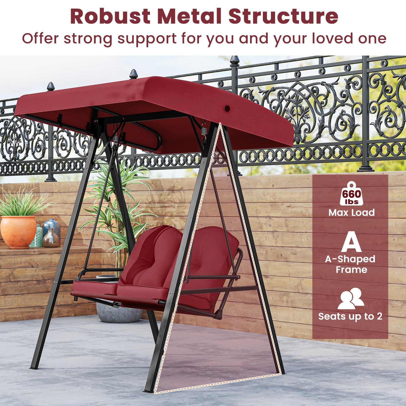 2-Person Outdoor Porch Swing, A-Shaped Metal Stand, Adjustable Canopy, Wine Porch Swings at Gallery Canada