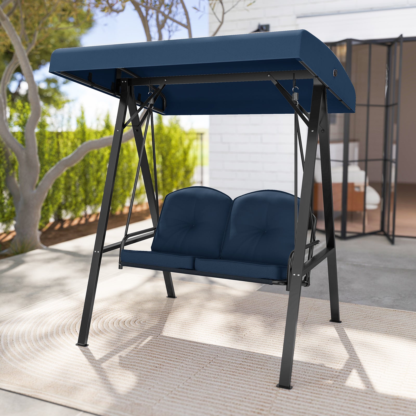 2-Person Porch Swing, A-Shaped Metal Stand, Adjustable Canopy, Navy Porch Swings at Gallery Canada