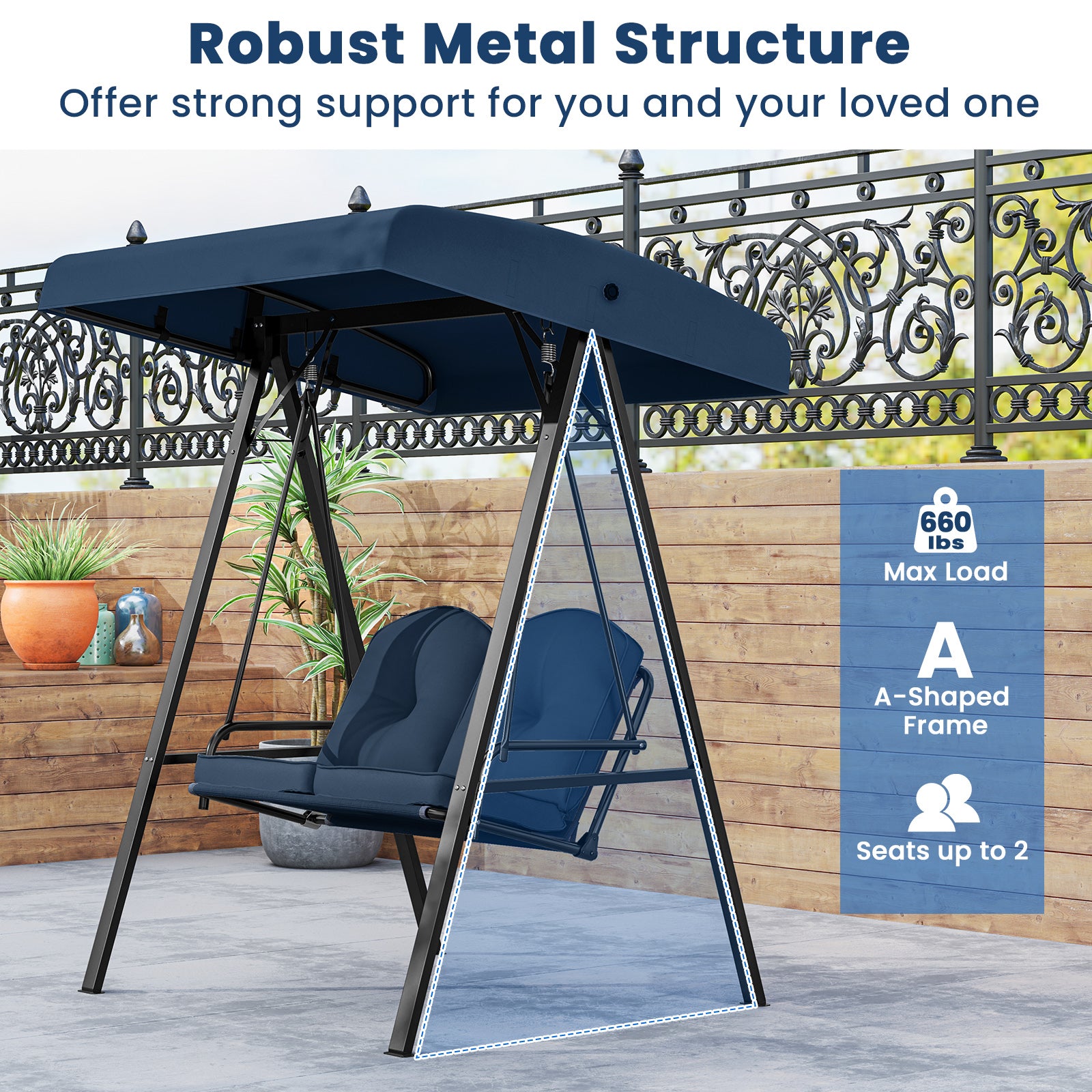 2-Person Porch Swing, A-Shaped Metal Stand, Adjustable Canopy, Navy Porch Swings at Gallery Canada