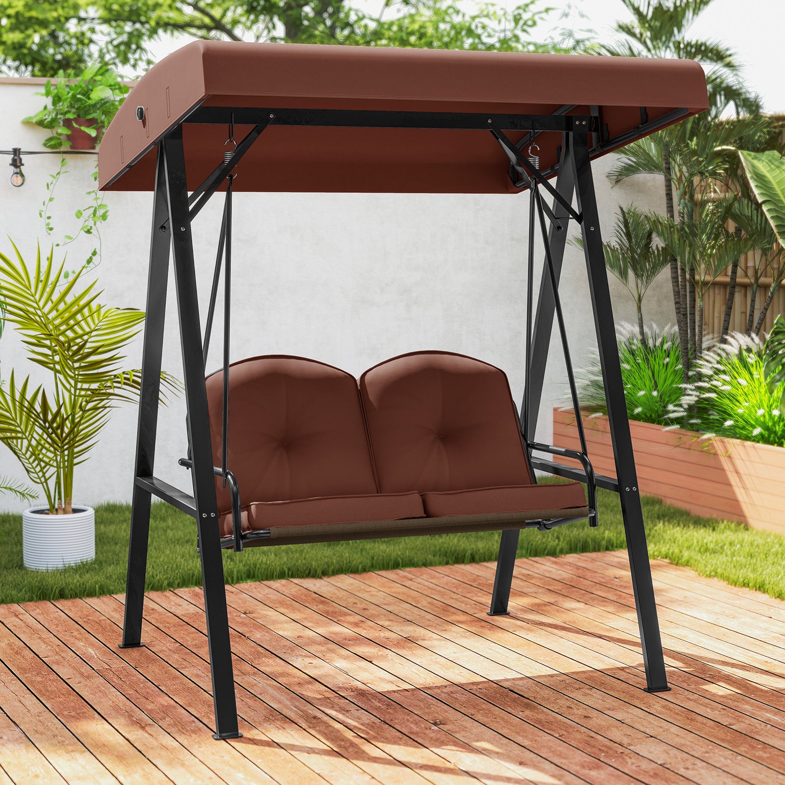 2-Person Porch Swing, A-Shaped Metal Stand, Adjustable Canopy, Brown Porch Swings at Gallery Canada