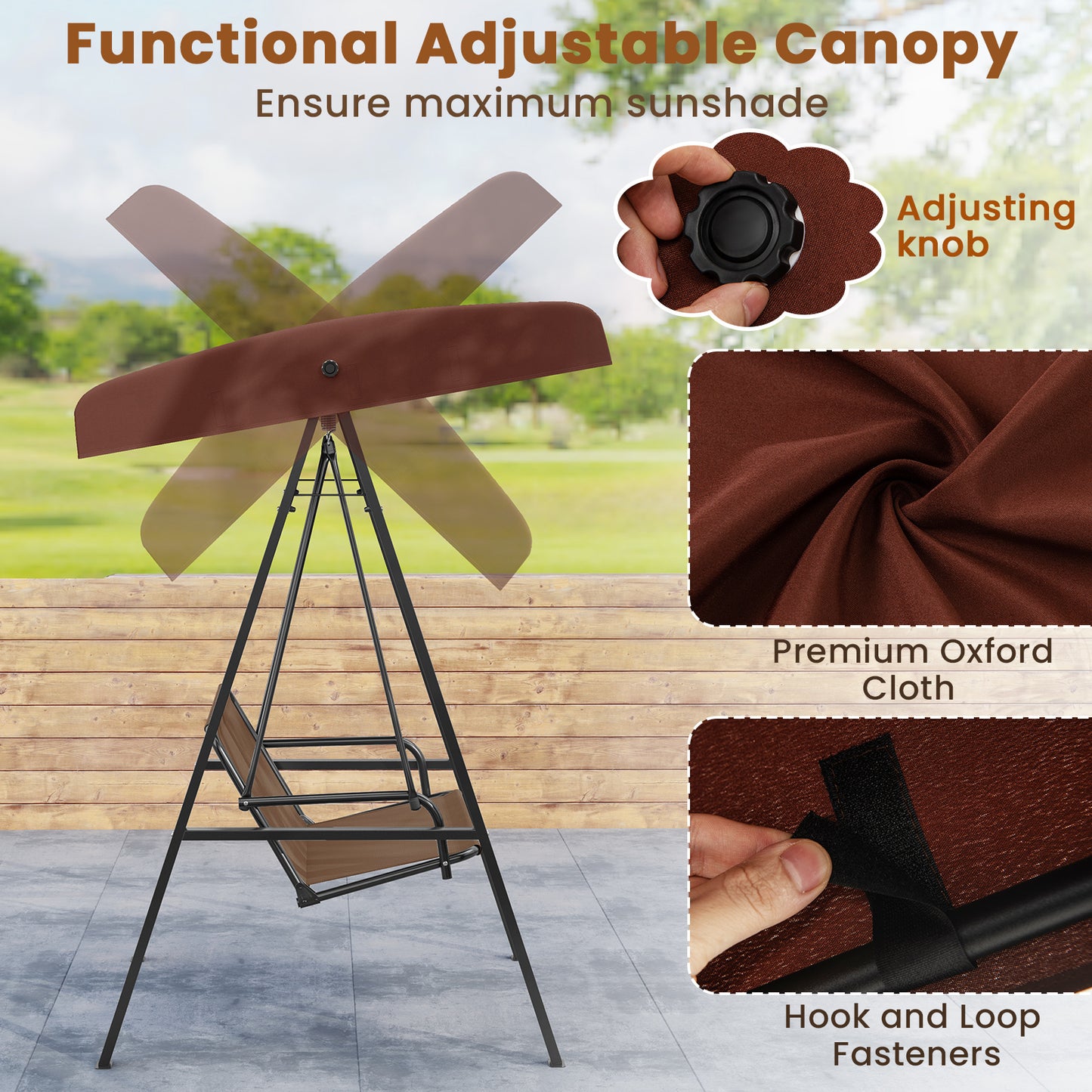 2-Person Porch Swing, A-Shaped Metal Stand, Adjustable Canopy, Brown Porch Swings at Gallery Canada