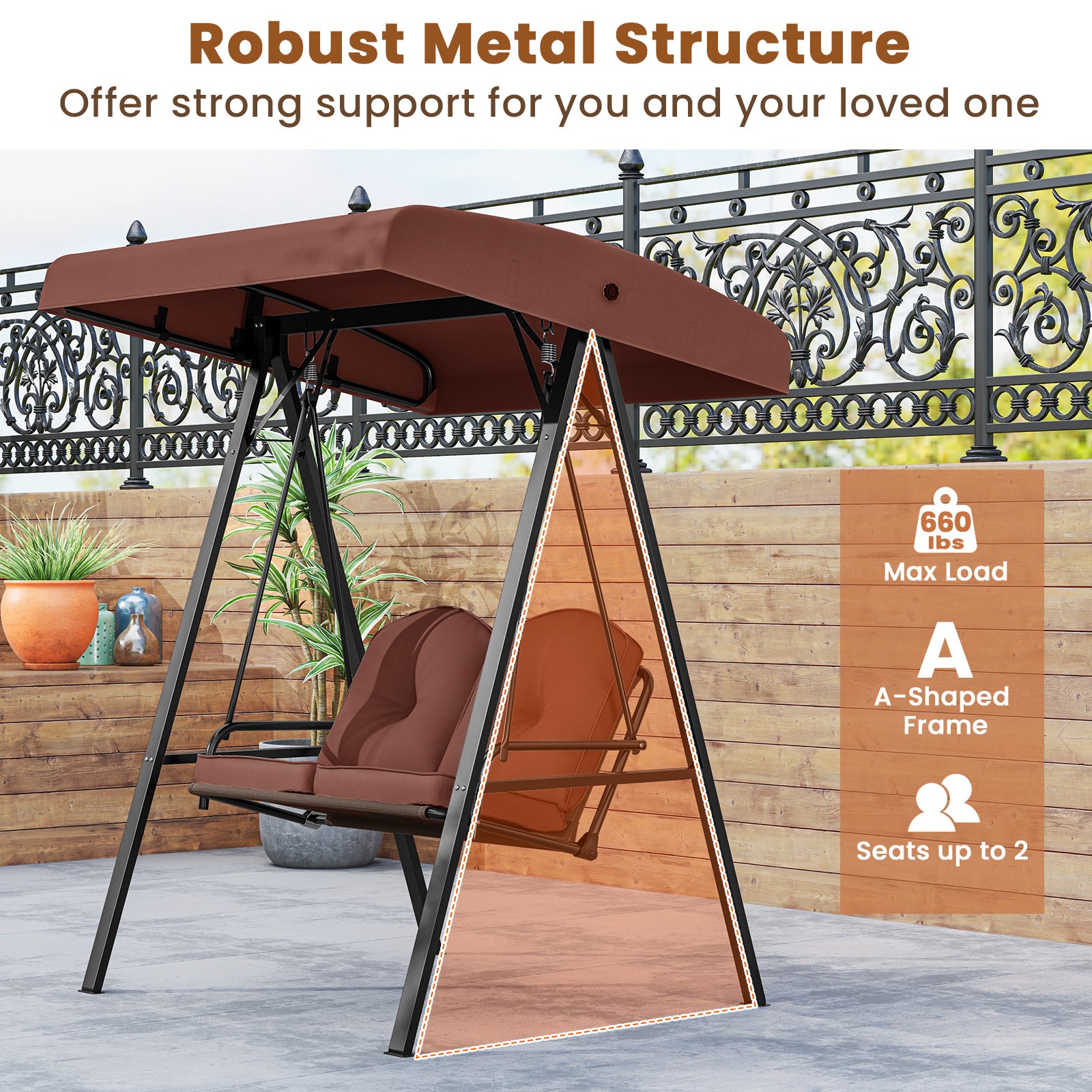 2-Person Porch Swing, A-Shaped Metal Stand, Adjustable Canopy, Brown Porch Swings at Gallery Canada