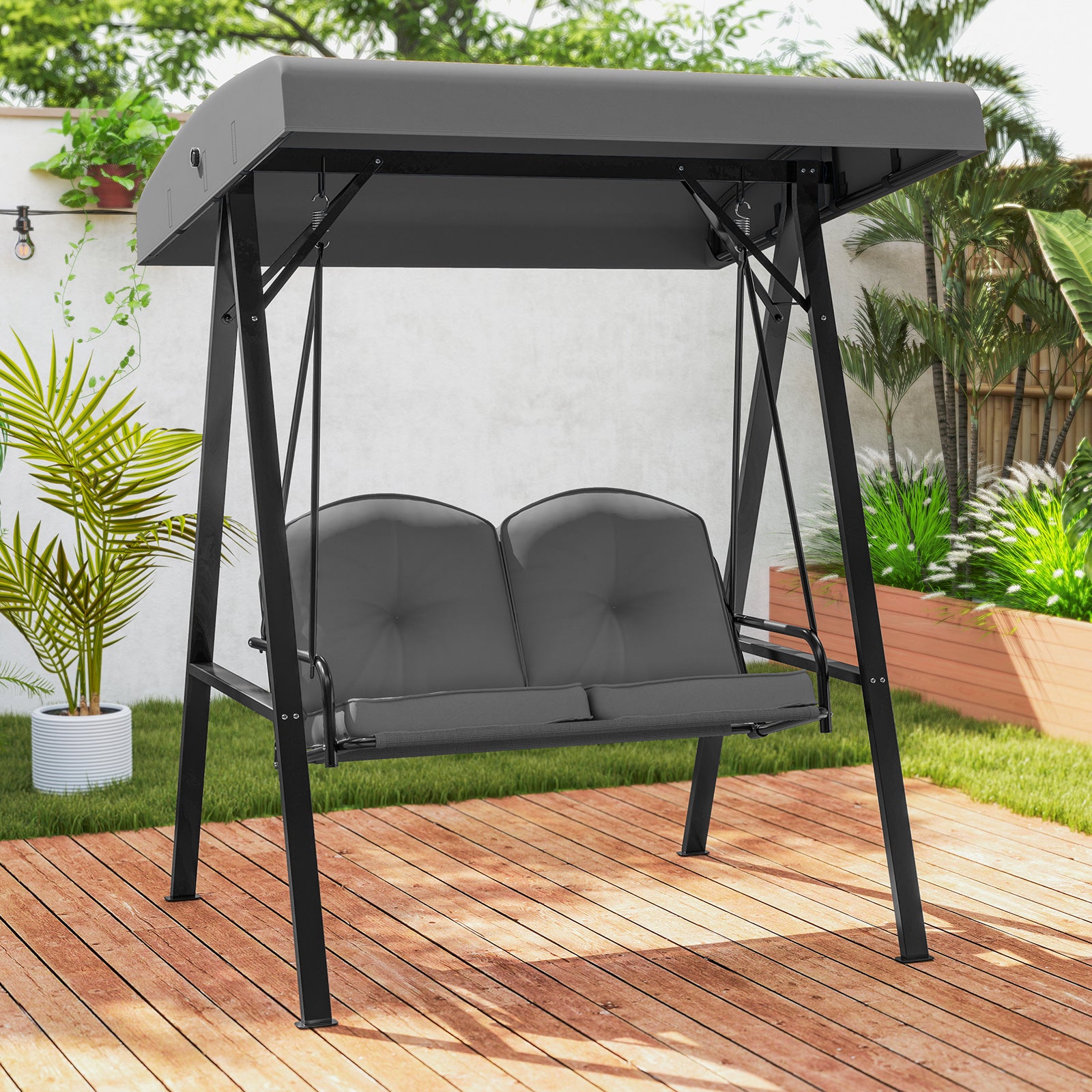 2-Person Outdoor Swing With Metal Stand, Adjustable Canopy, Gray Porch Swings at Gallery Canada