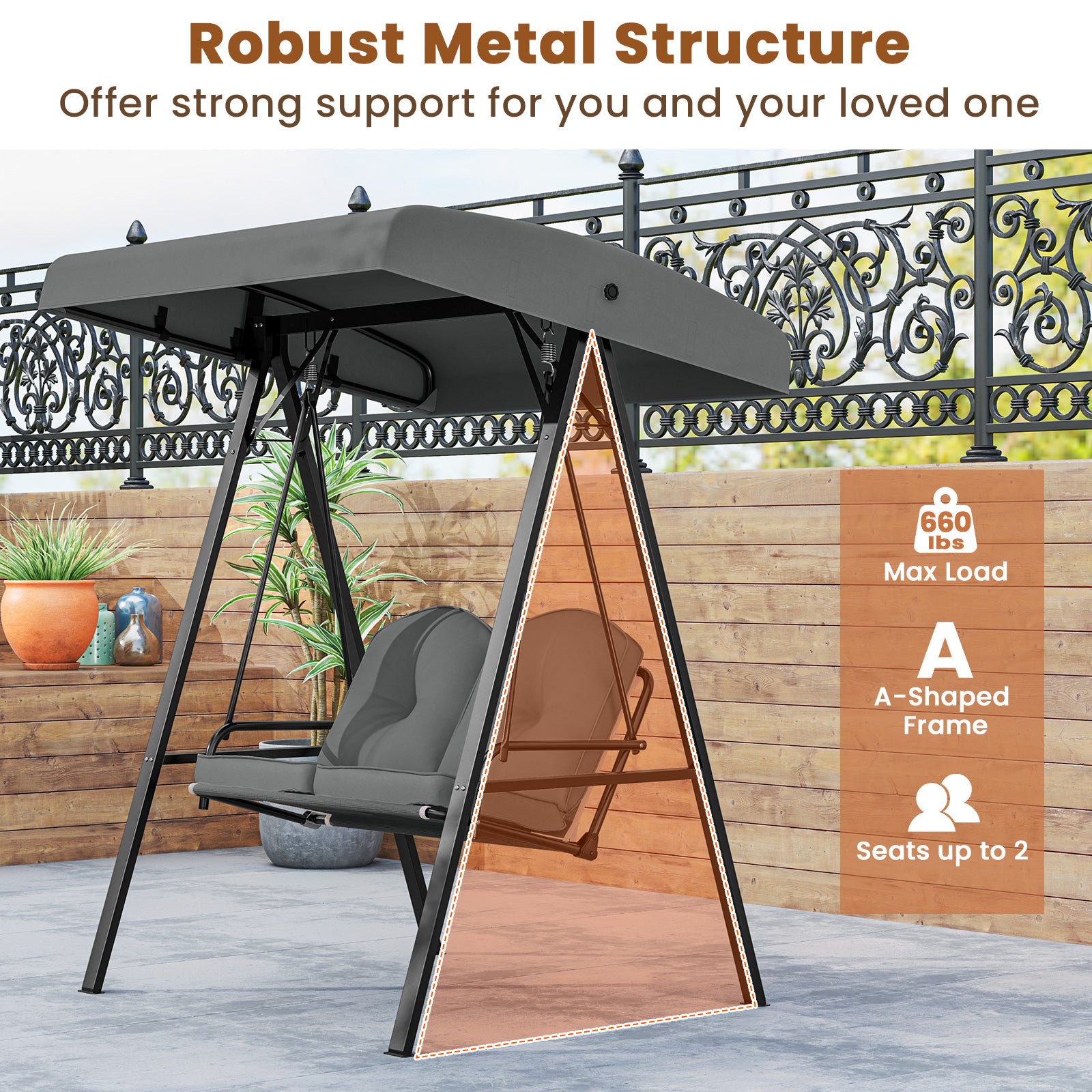 2-Person Outdoor Swing With Metal Stand, Adjustable Canopy, Gray Porch Swings at Gallery Canada