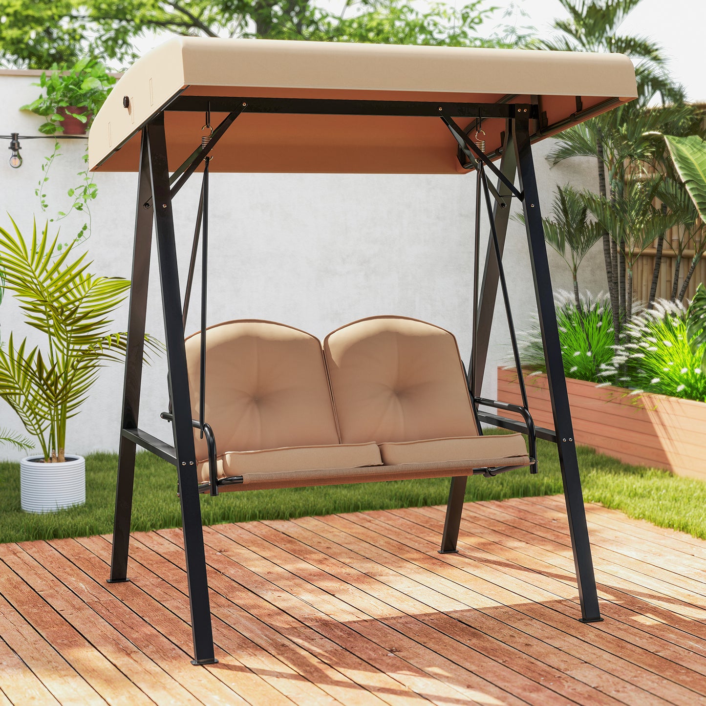 2-Person Outdoor Swing With A-Shaped Stand, Adjustable Canopy, Beige Porch Swings at Gallery Canada