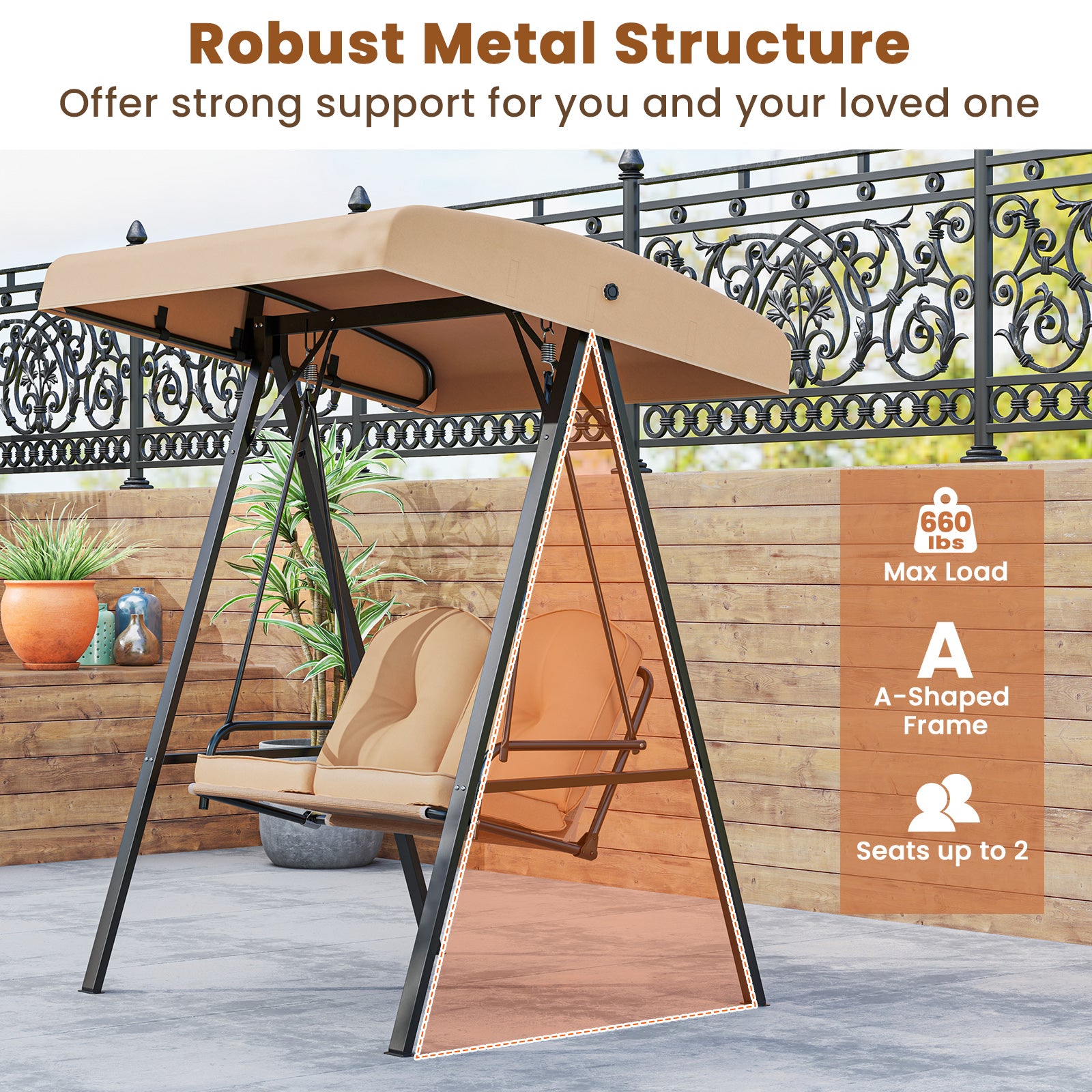 2-Person Outdoor Swing With A-Shaped Stand, Adjustable Canopy, Beige Porch Swings at Gallery Canada