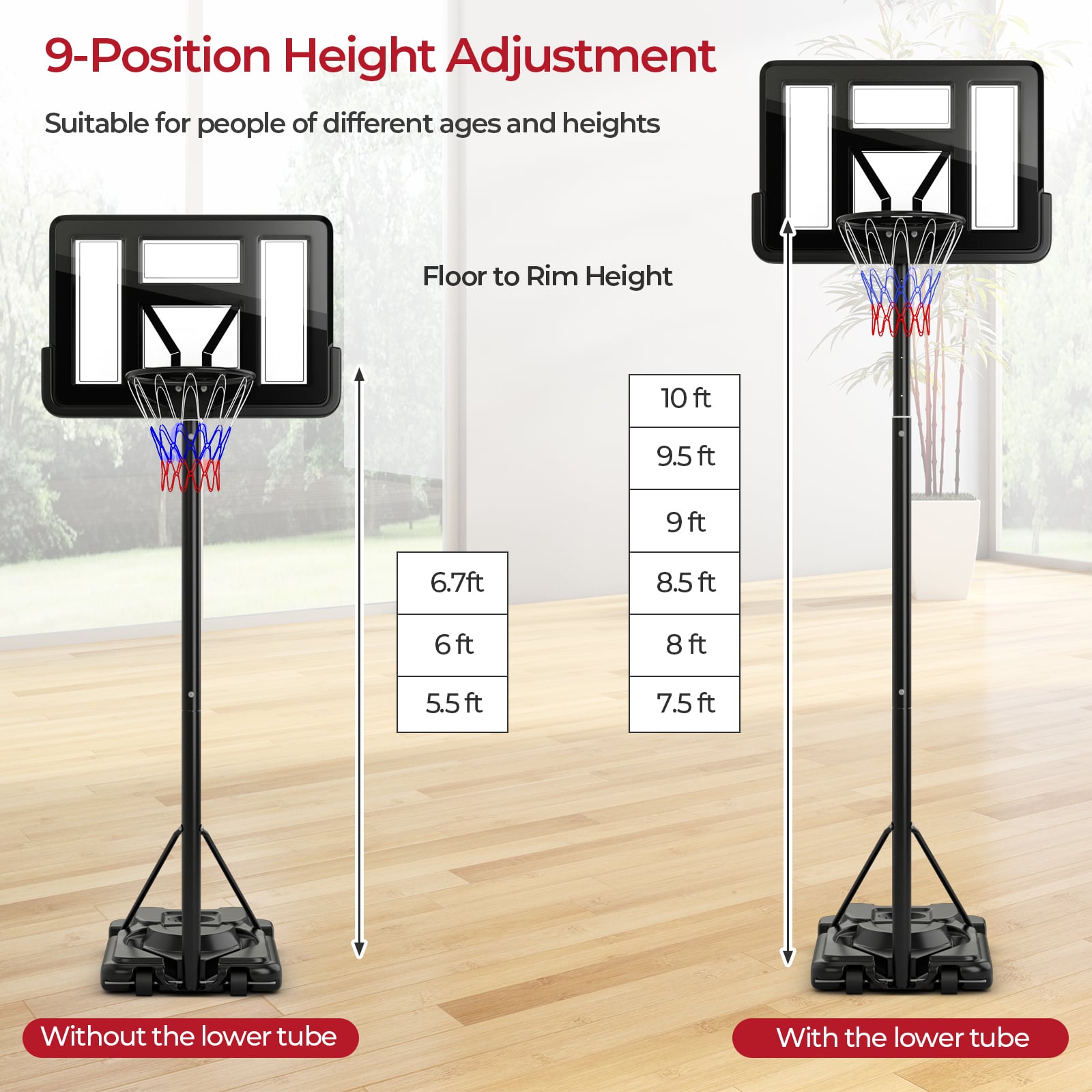 Portable Basketball Hoop, 9-Position Adjustable Height, Black Sport Equipments at Gallery Canada