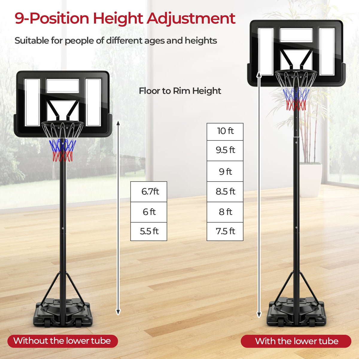 Portable Basketball Hoop, 9-Position Adjustable Height, Black Sport Equipments at Gallery Canada