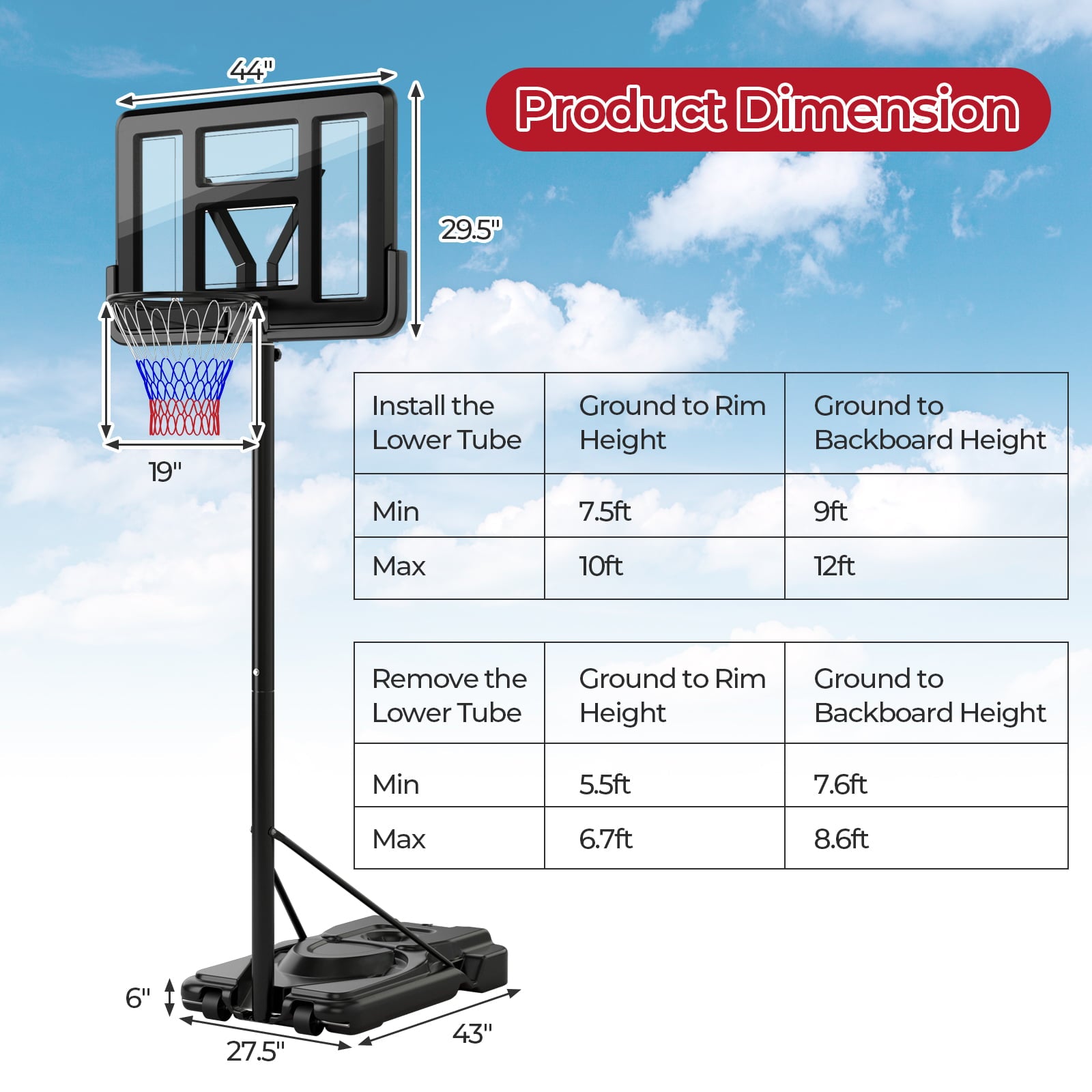 Portable Basketball Hoop, 9-Position Adjustable Height, Black Sport Equipments at Gallery Canada