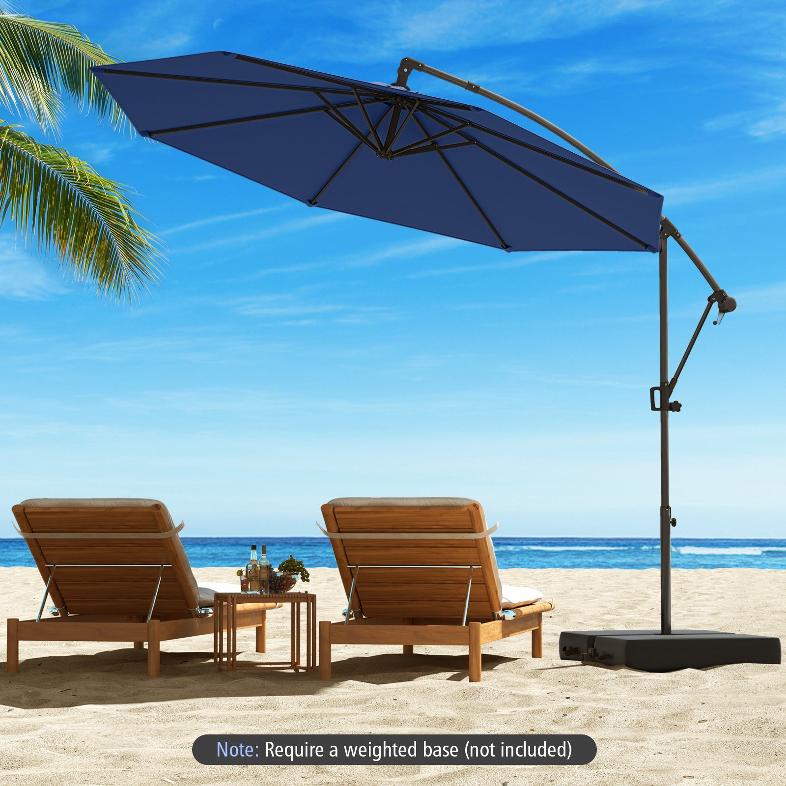 10 Feet Offset Hanging Umbrella With Base, Infinite Tilt, Navy Outdoor Umbrellas at Gallery Canada