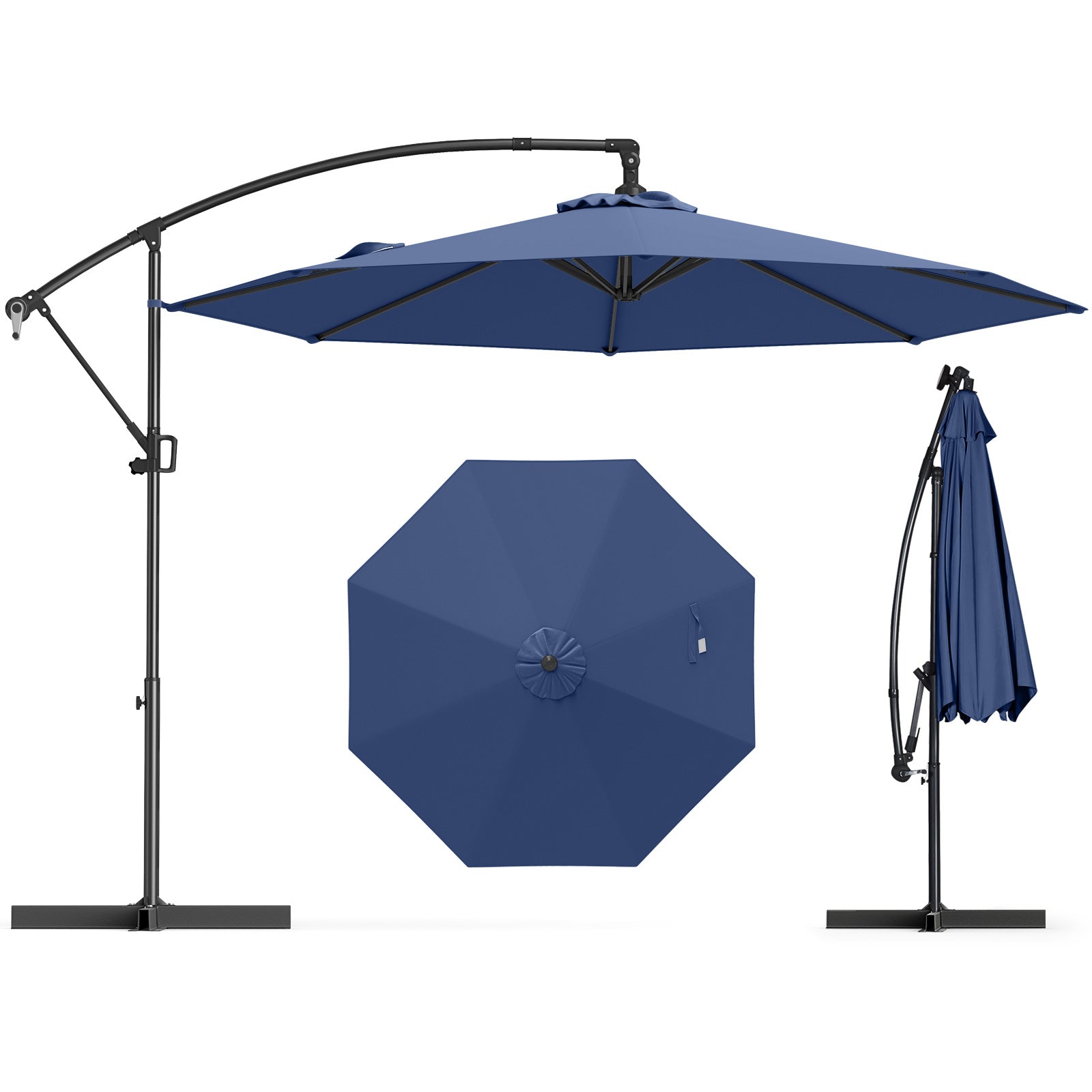 10 Feet Offset Hanging Umbrella With Base, Infinite Tilt, Navy Outdoor Umbrellas at Gallery Canada