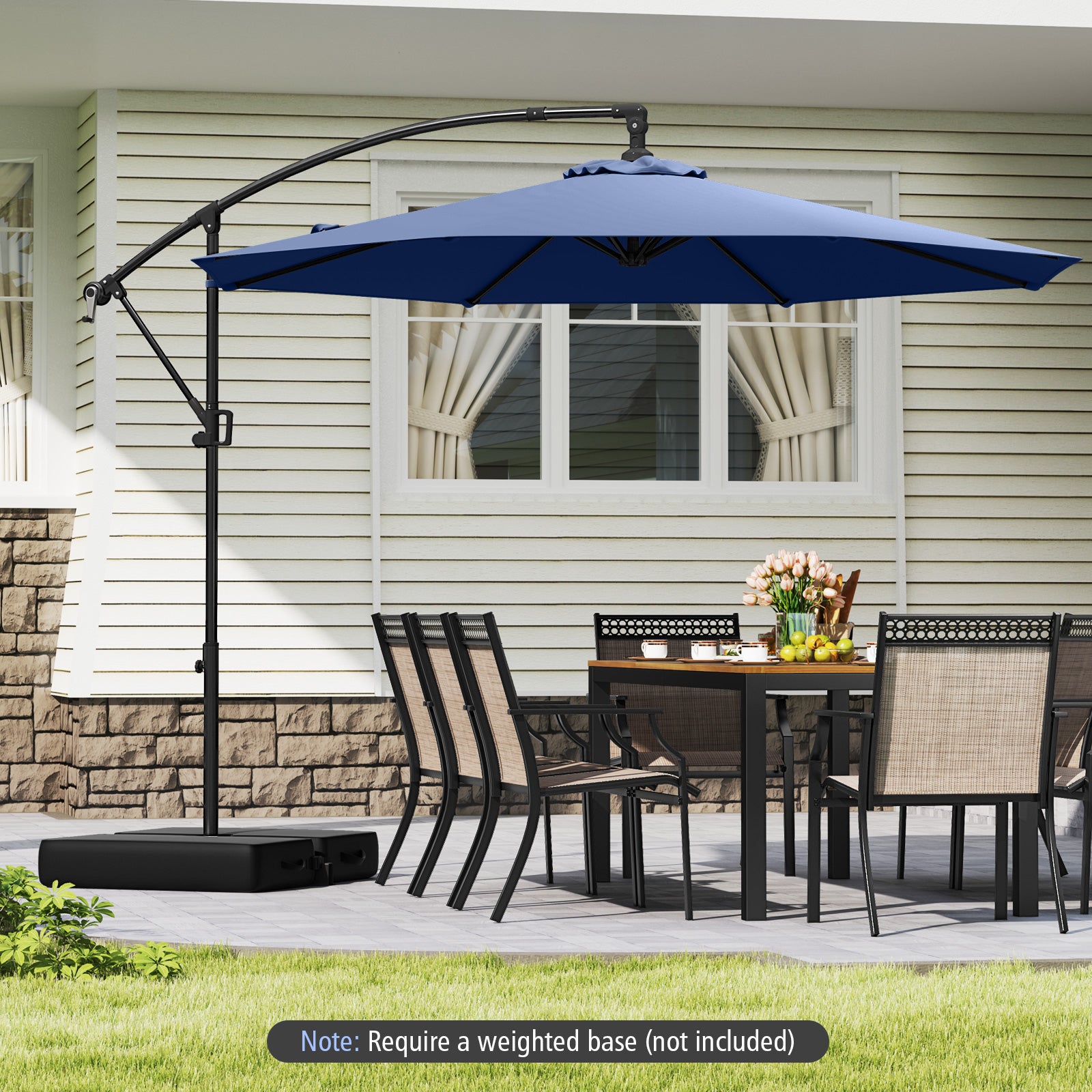 10 Feet Offset Hanging Umbrella With Base, Infinite Tilt, Navy Outdoor Umbrellas at Gallery Canada