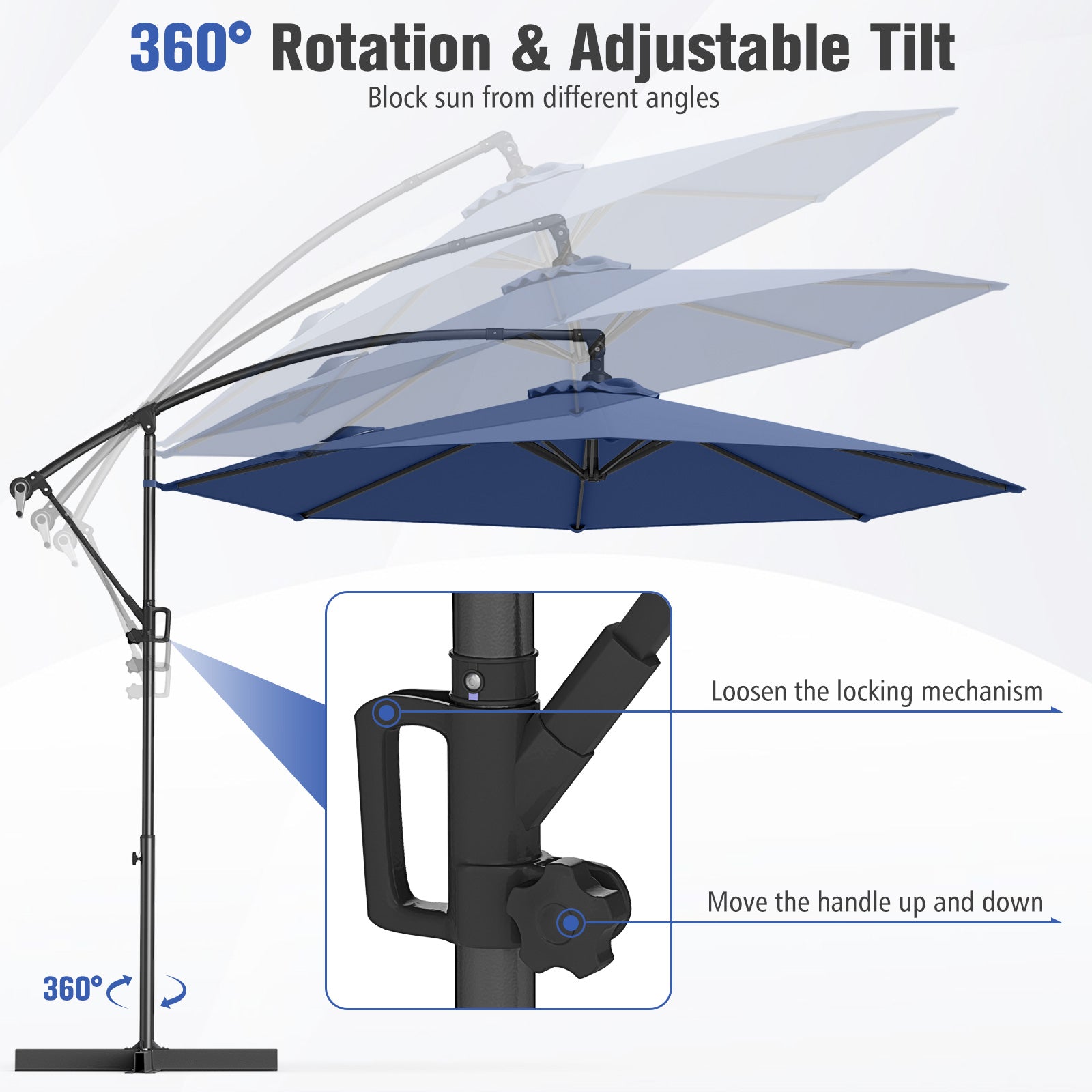 10 Feet Offset Hanging Umbrella With Base, Infinite Tilt, Navy Outdoor Umbrellas at Gallery Canada