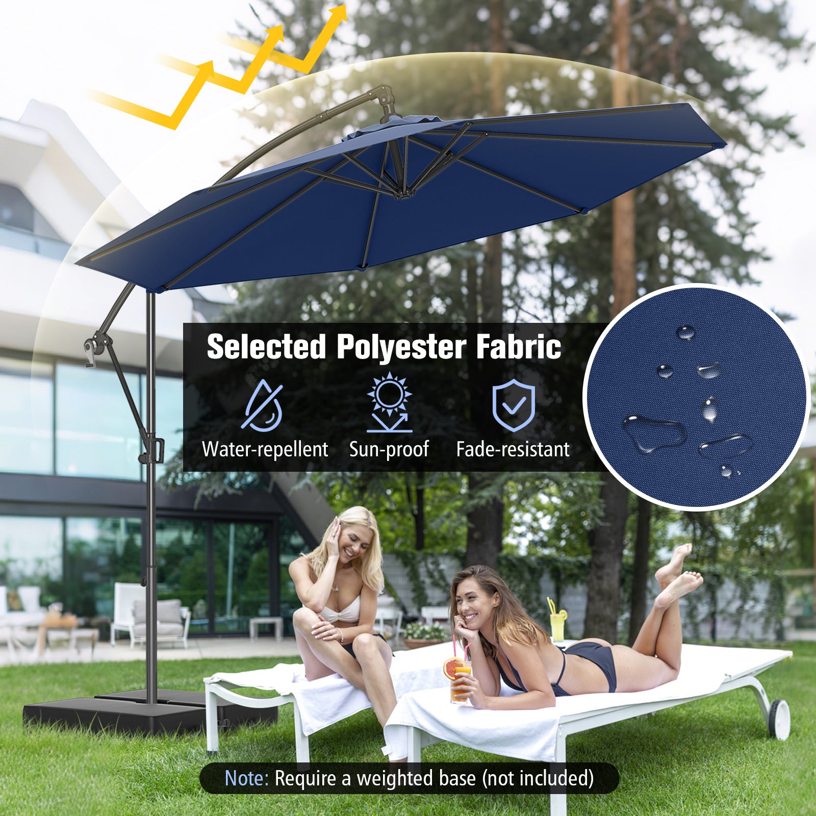 10 Feet Offset Hanging Umbrella With Base, Infinite Tilt, Navy Outdoor Umbrellas at Gallery Canada