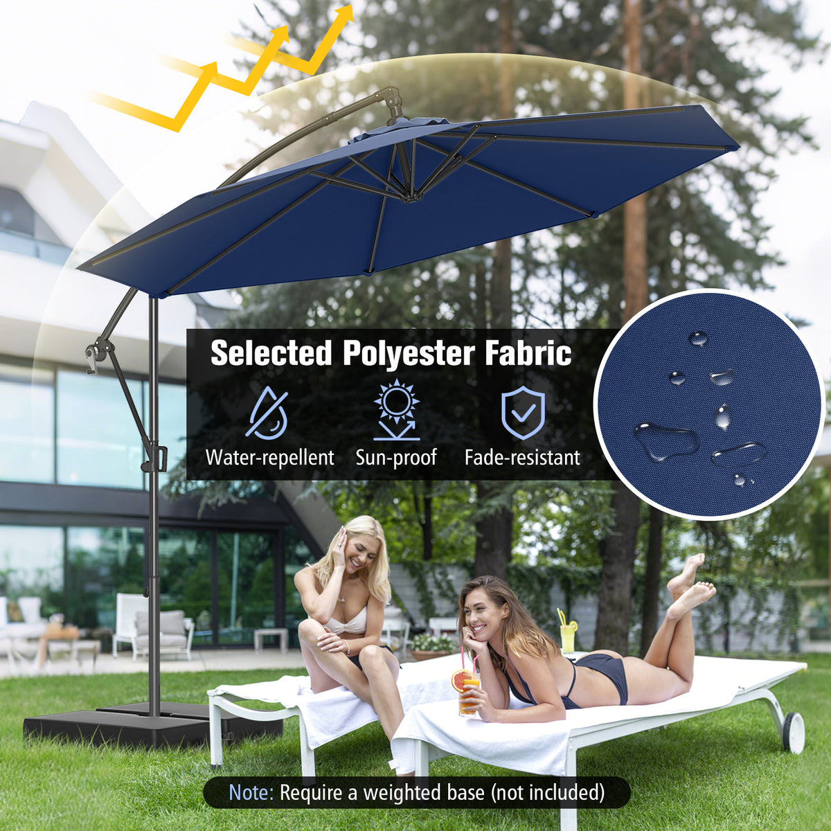 10 Feet Offset Hanging Umbrella With Base, Infinite Tilt, Navy Outdoor Umbrellas at Gallery Canada