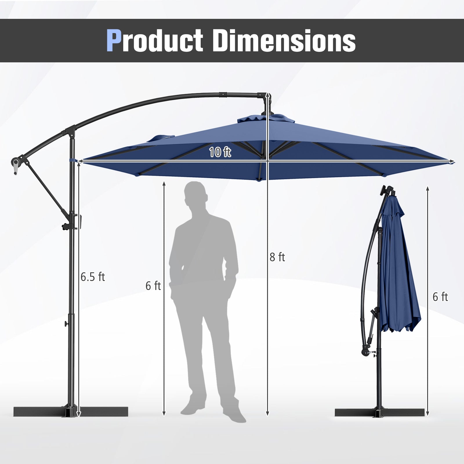 10 Feet Offset Hanging Umbrella With Base, Infinite Tilt, Navy Outdoor Umbrellas at Gallery Canada