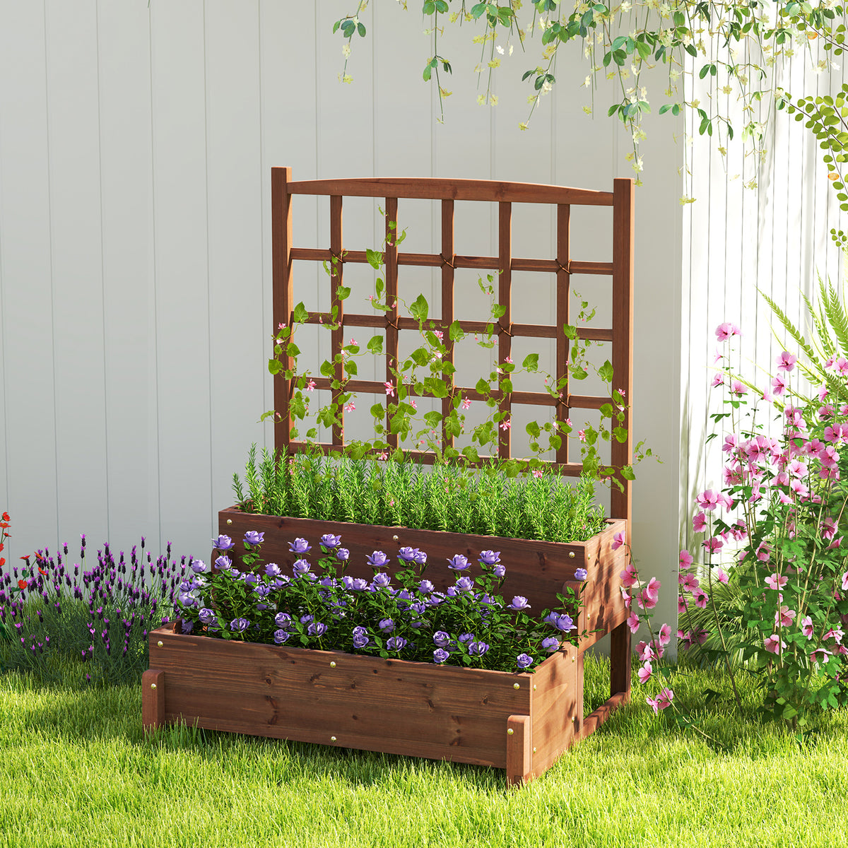 Raised Garden Bed With Trellis, 2-Tier Wood Planter Box, Rustic Brown Raised Garden Beds at Gallery Canada