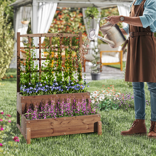 Raised Garden Bed With Trellis, 2-Tier Wood Planter Box, Rustic Brown